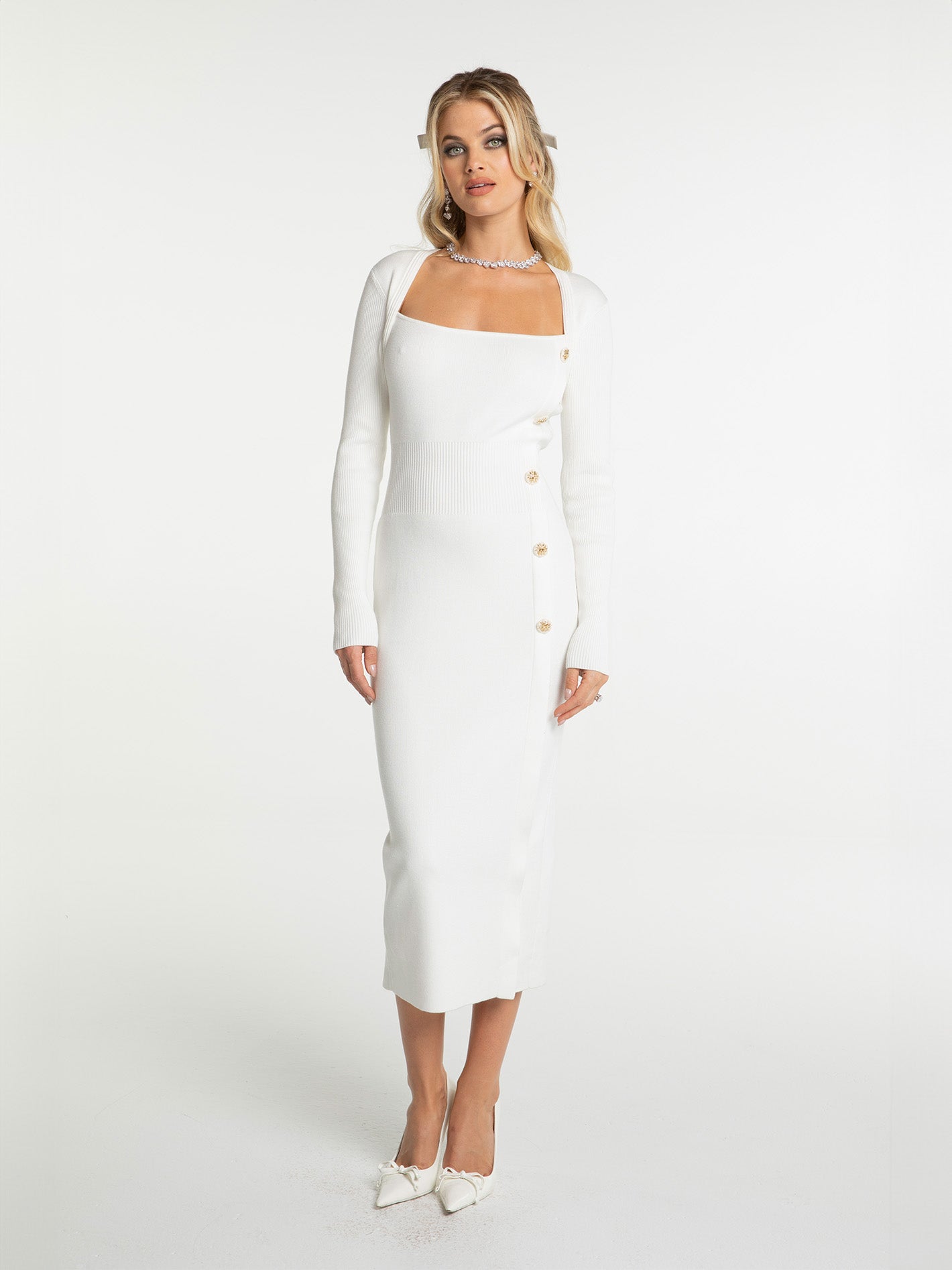 Rylee Knit Dress: White Midi Dress for Bridal Shower | Nana Jacqueline Rylee Knit Dress: White Midi Dress for Bridal Shower | Nana Jacqueline