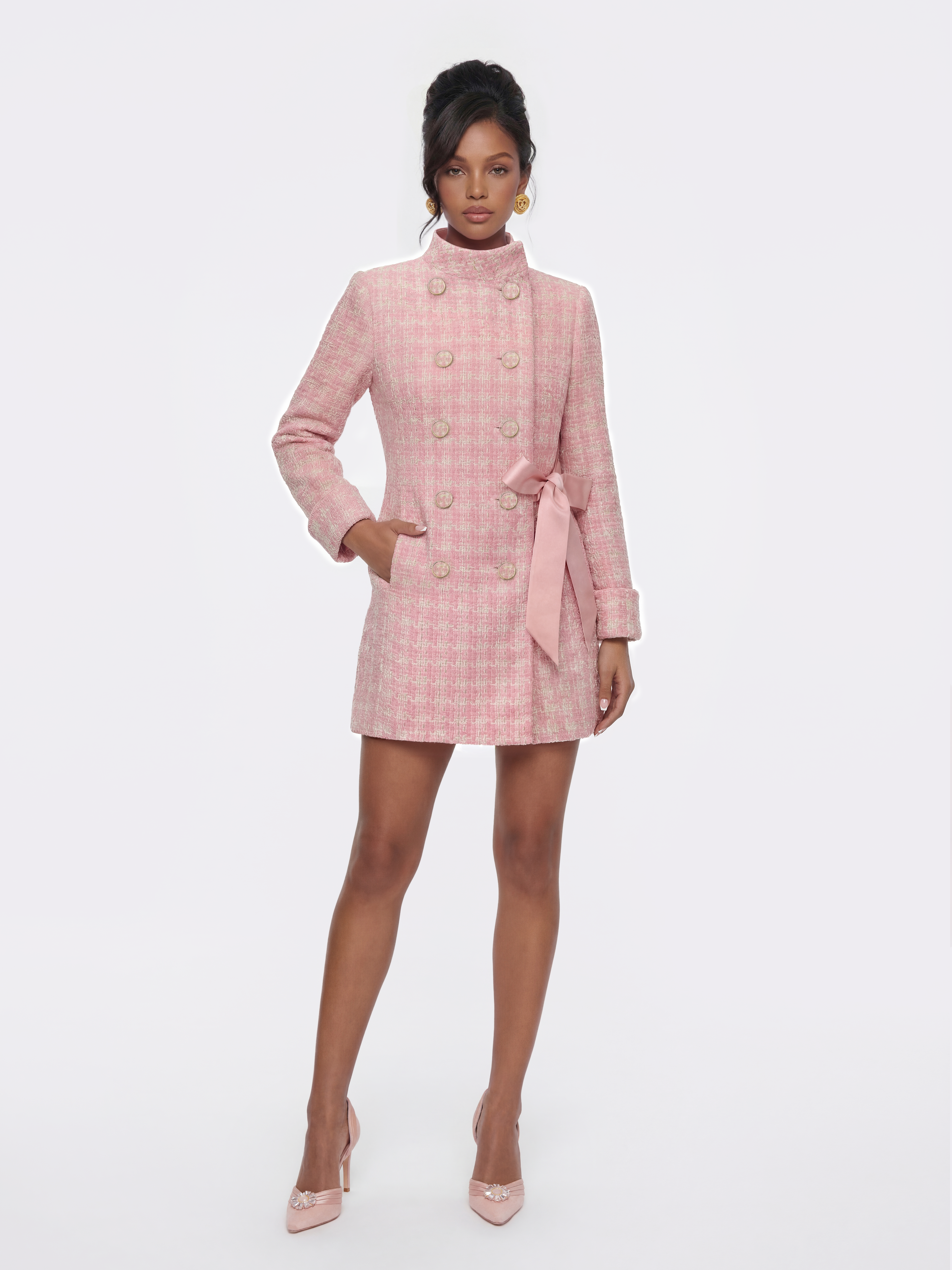 Bianca Tweed Bow Pink Double-Breasted Coat: Pink Coat for Bridal Bianca Tweed Bow Pink Double-Breasted Coat: Pink Coat for Bridal