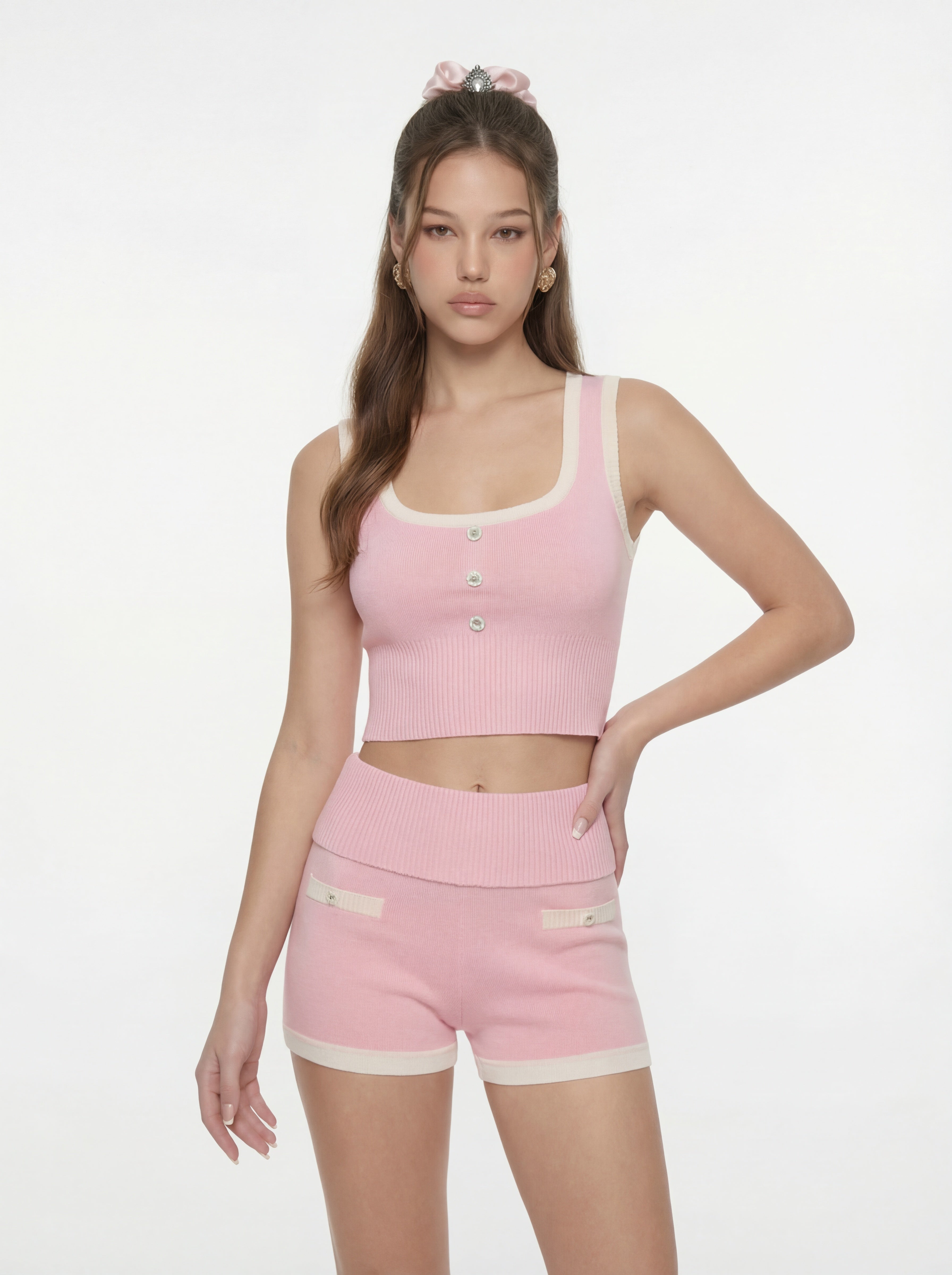 Pink Contrast-Trim Knit Vest with Pearl Buttons | Nana Jacqueline