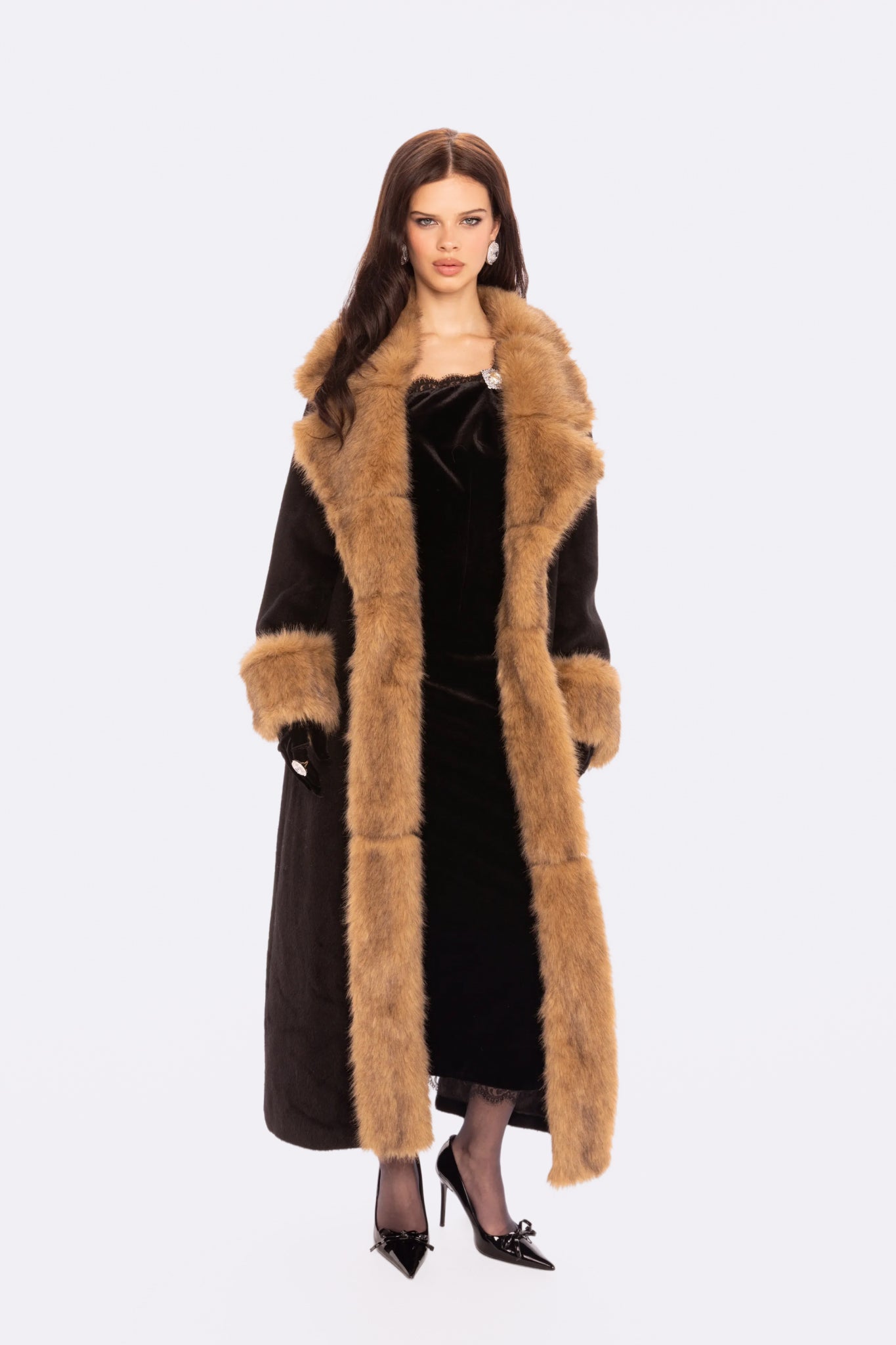 Adriana Faux Fur Coat (Black & Brown) | Long Winter Coat for Women