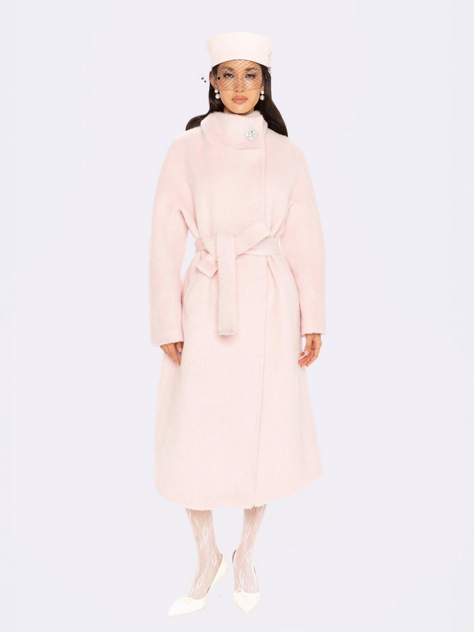 Audrey Coat (Pink) | Designer Stand Collar Wool Coat | Elegant