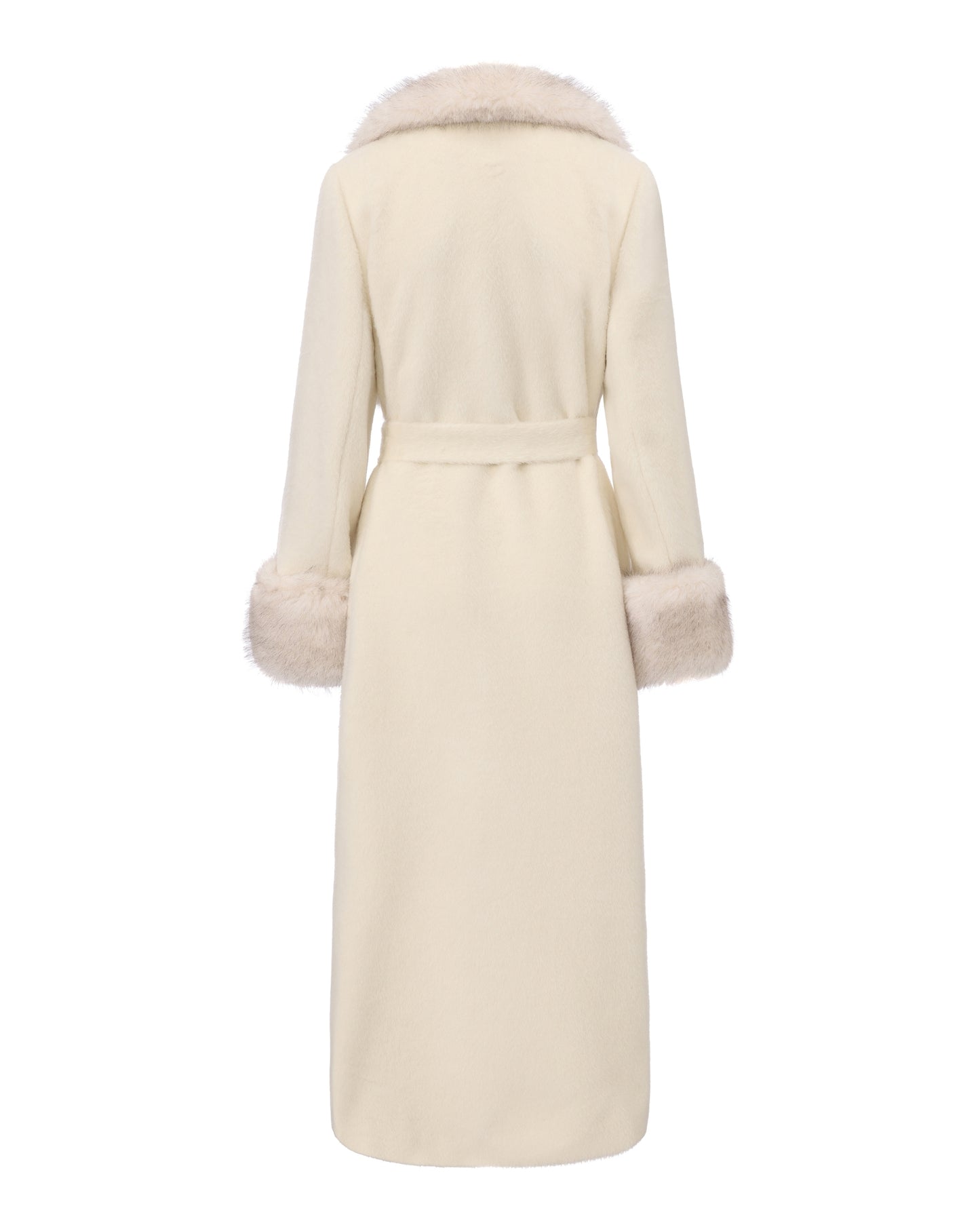 Luxury long off-white wool coat with oversized faux fur collar, fur-trimmed cuffs, and belted waist
