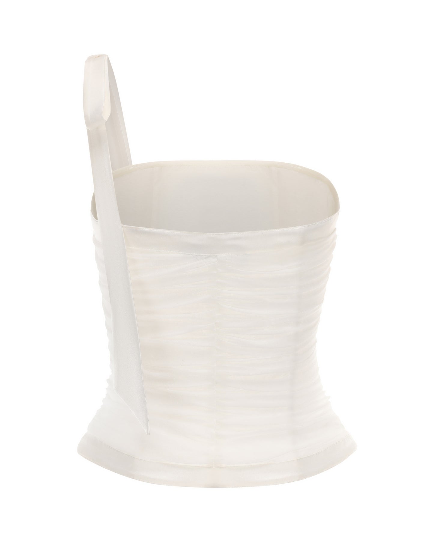 White one-shoulder ruched bustier top with a satin ribbon strap featuring rhinestone-embellished script text.