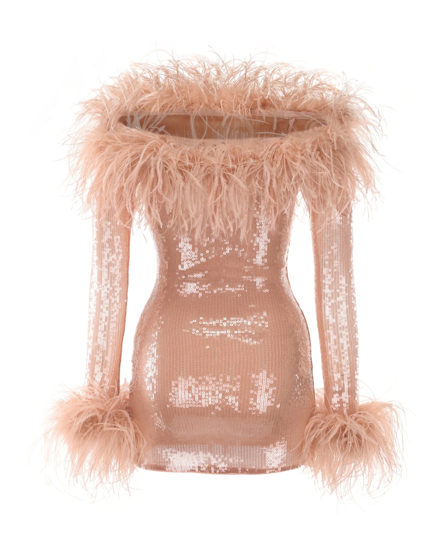 Sequin mini dress with feathered shoulders and sleeves on a white background