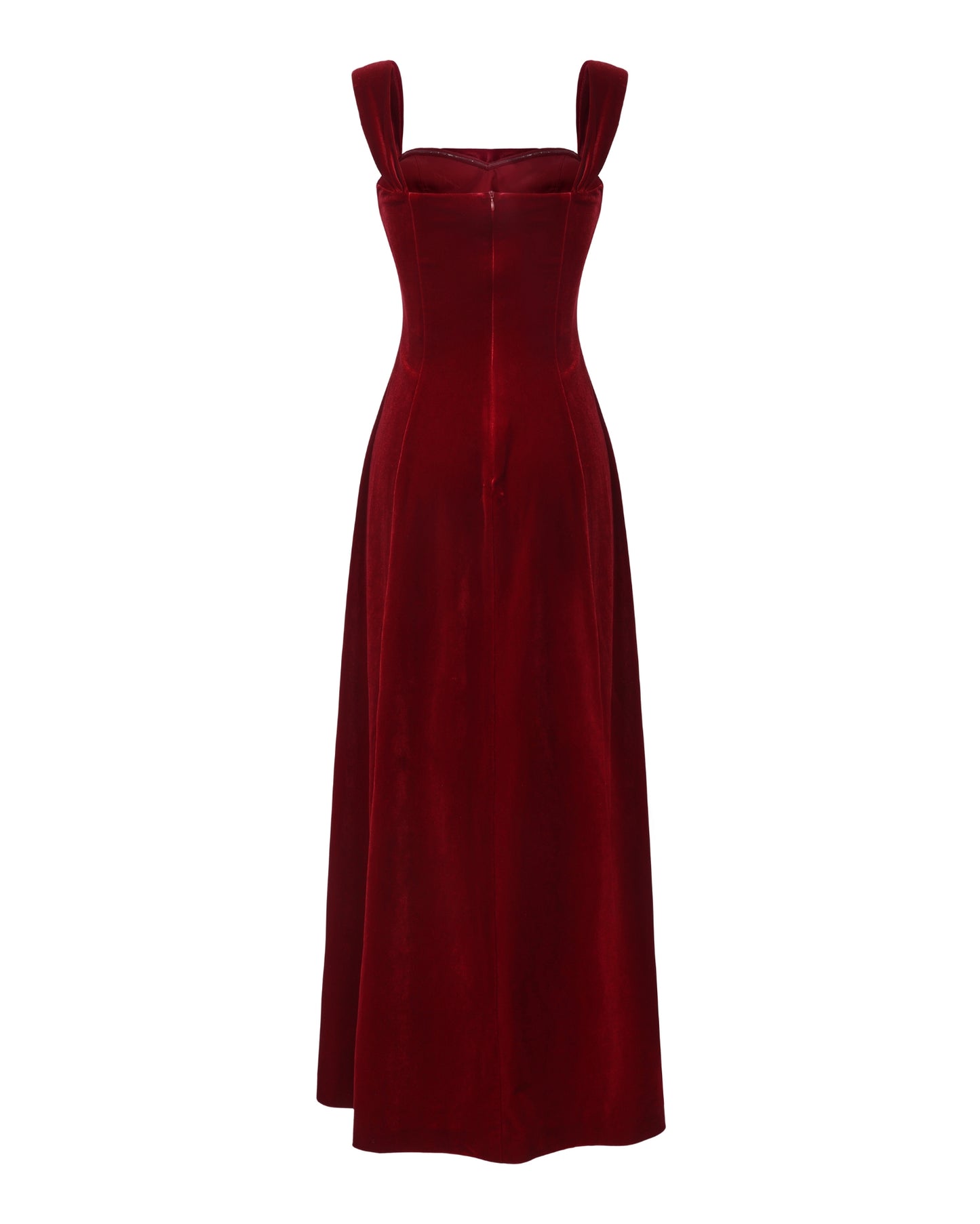 Red velvet evening gown on a white background