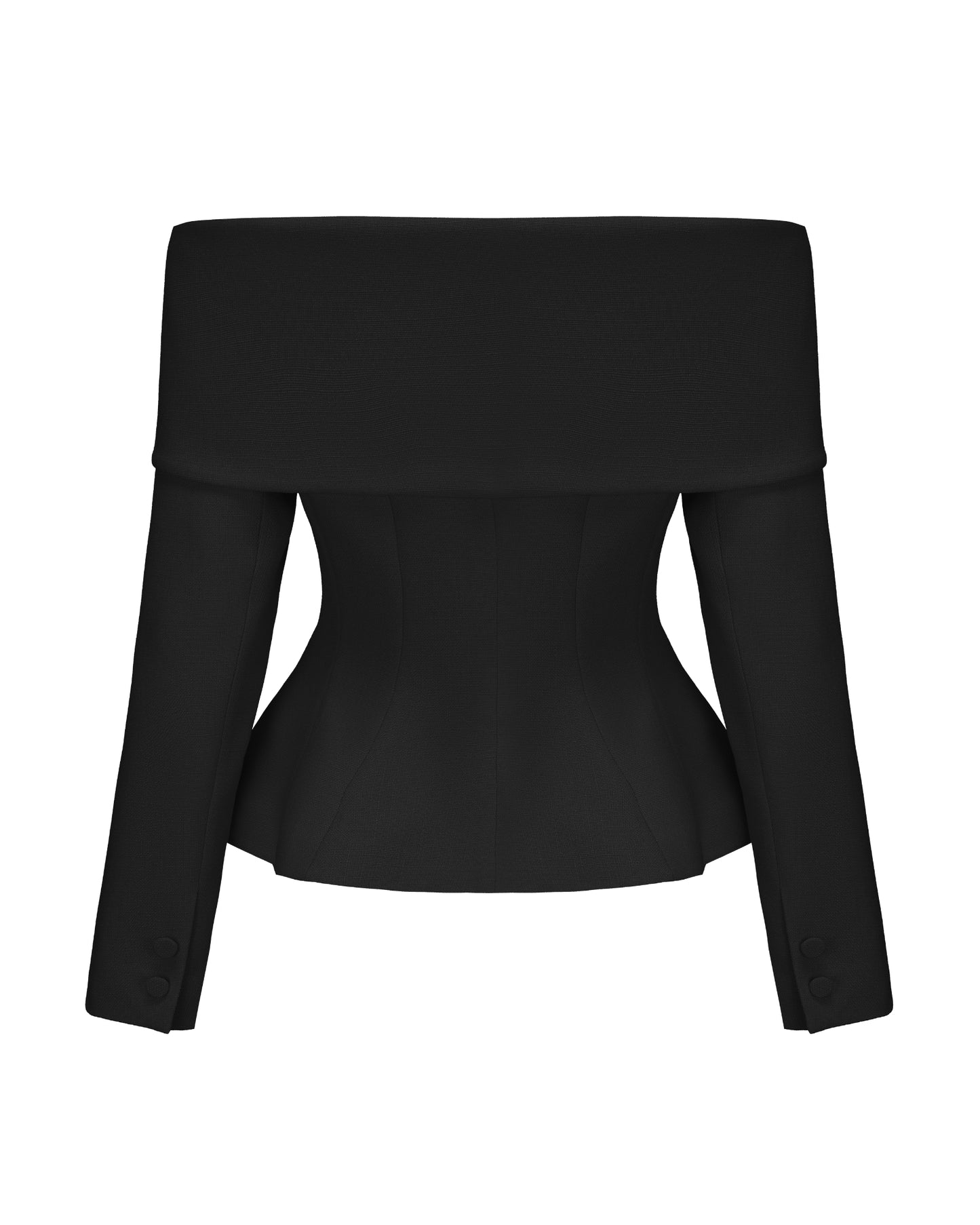 Black off-shoulder top on a white background