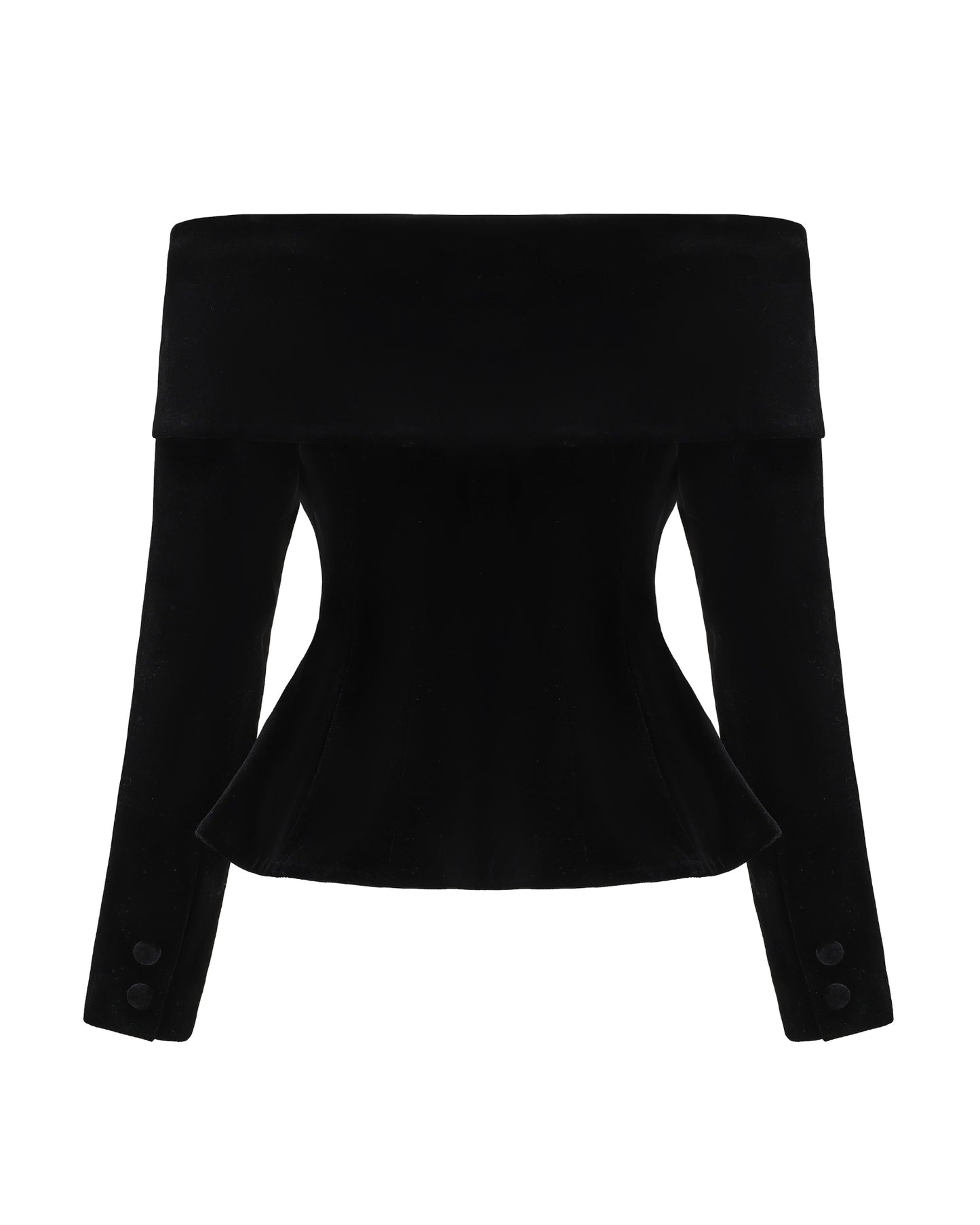 Black off-shoulder velvet top with cut-out design on a white background
