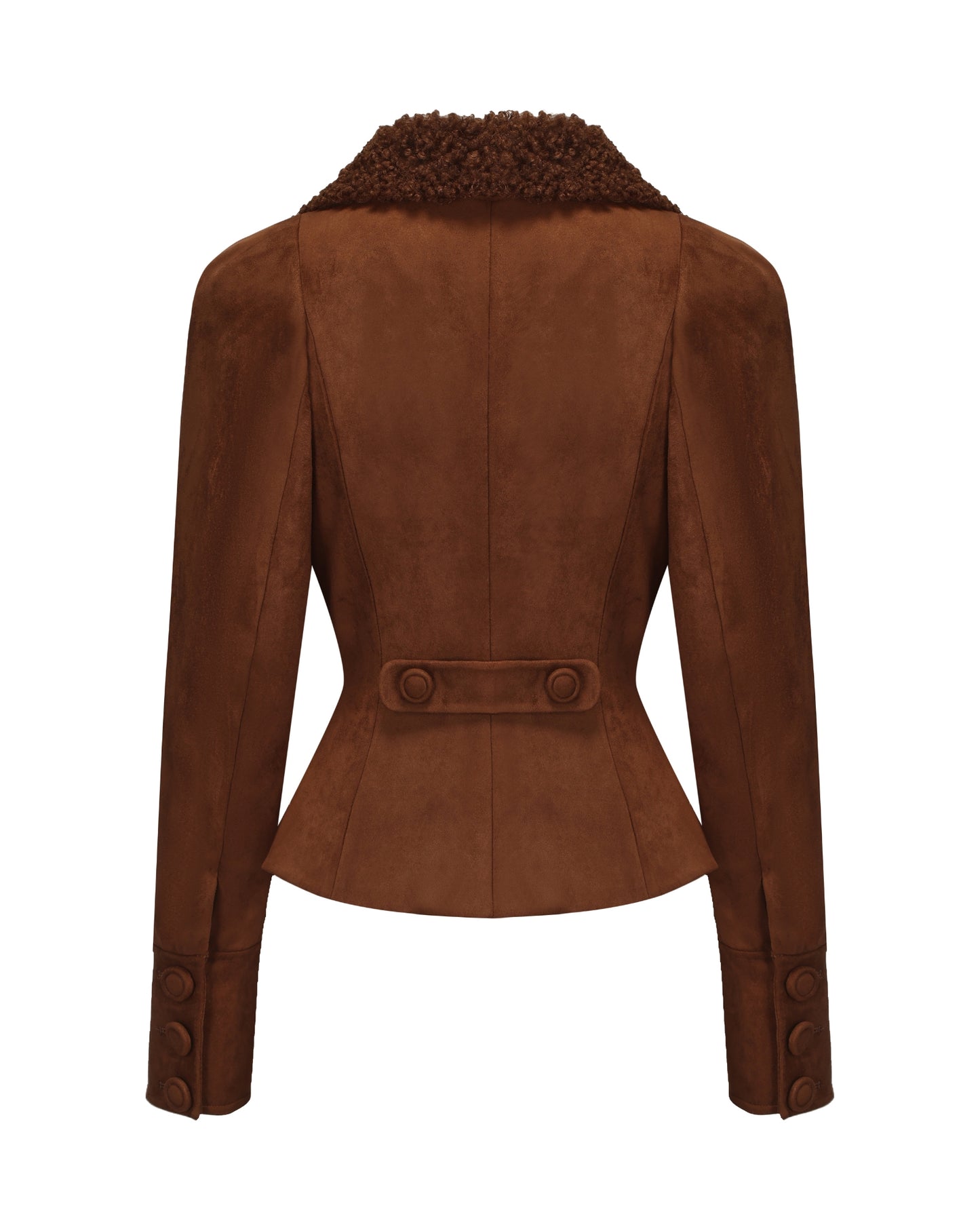 Brown suede jacket with faux fur collar on a white background