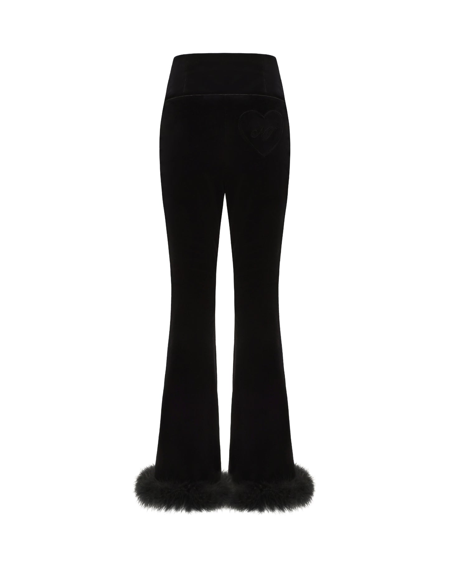 Black velvet pants with fur cuffs on a white background