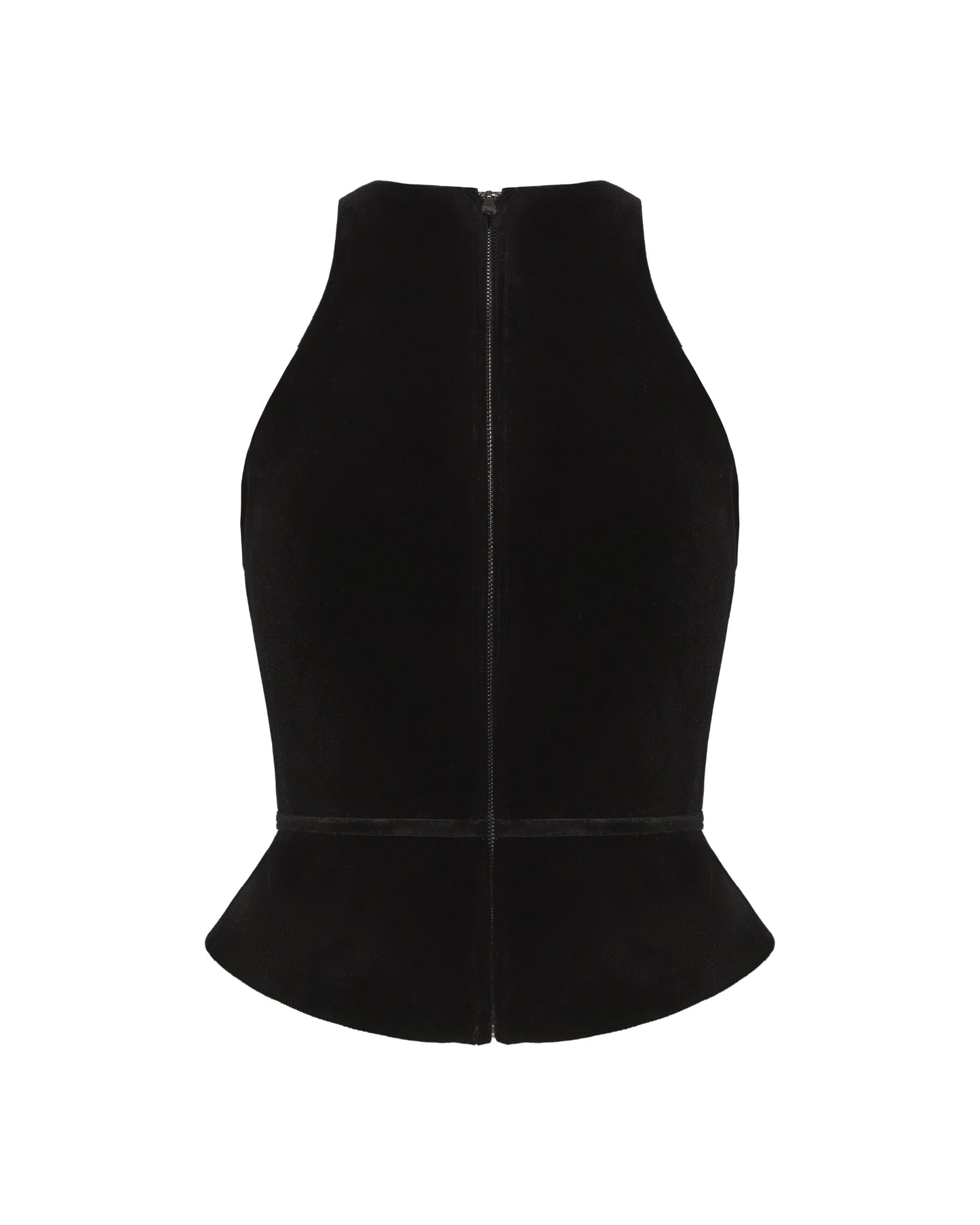 Black velvet sleeveless top with a peplum waist on a white background