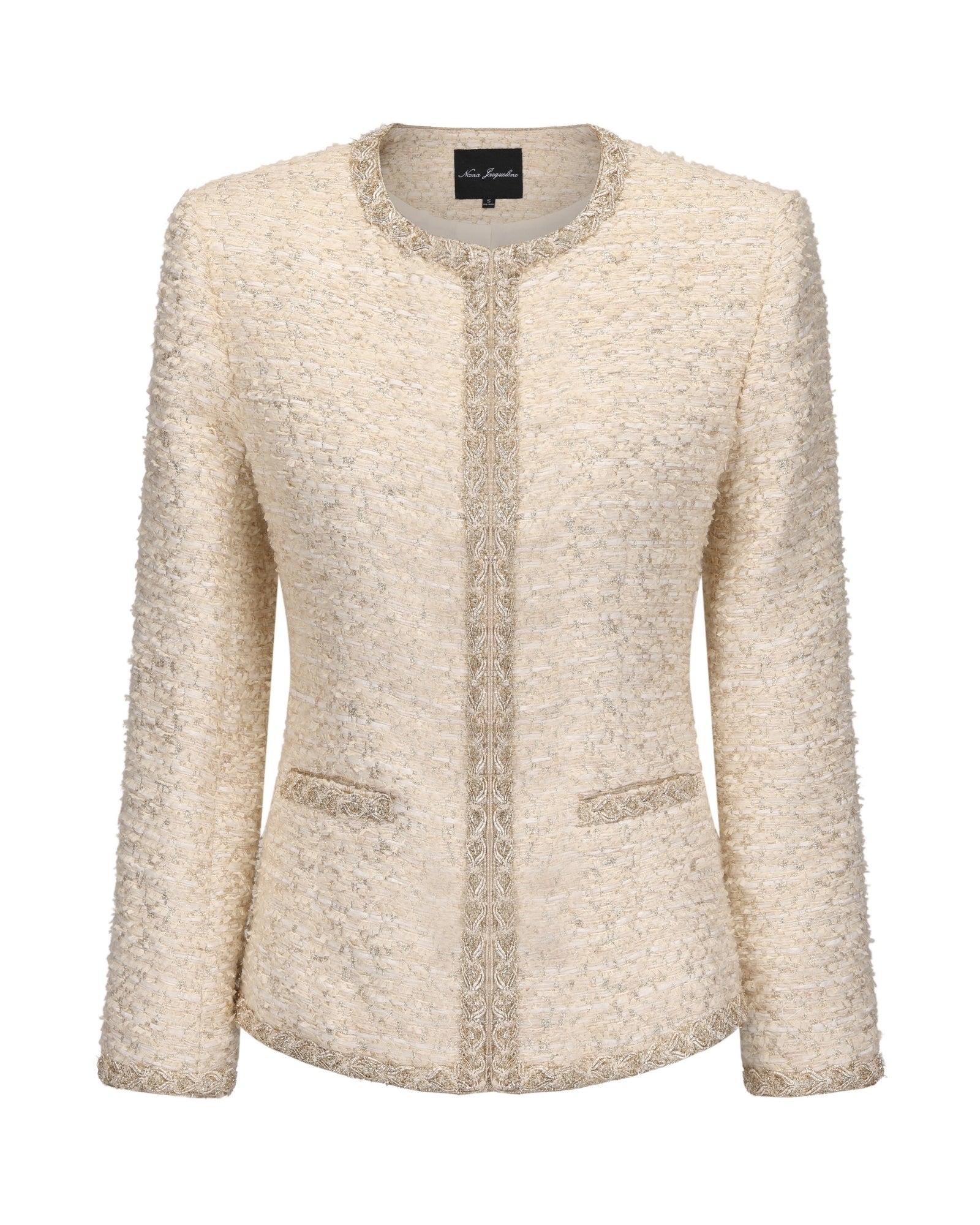 Evelyn Tweed Jacket | White Tweed Glitter Ribbon Jacket – Nana
