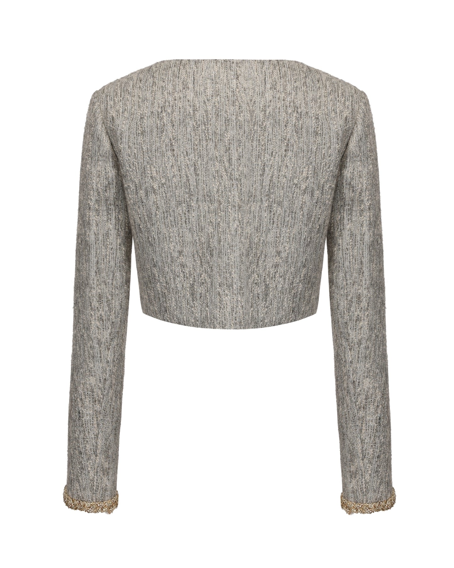 Gray textured cropped coat with gold trim on a white background