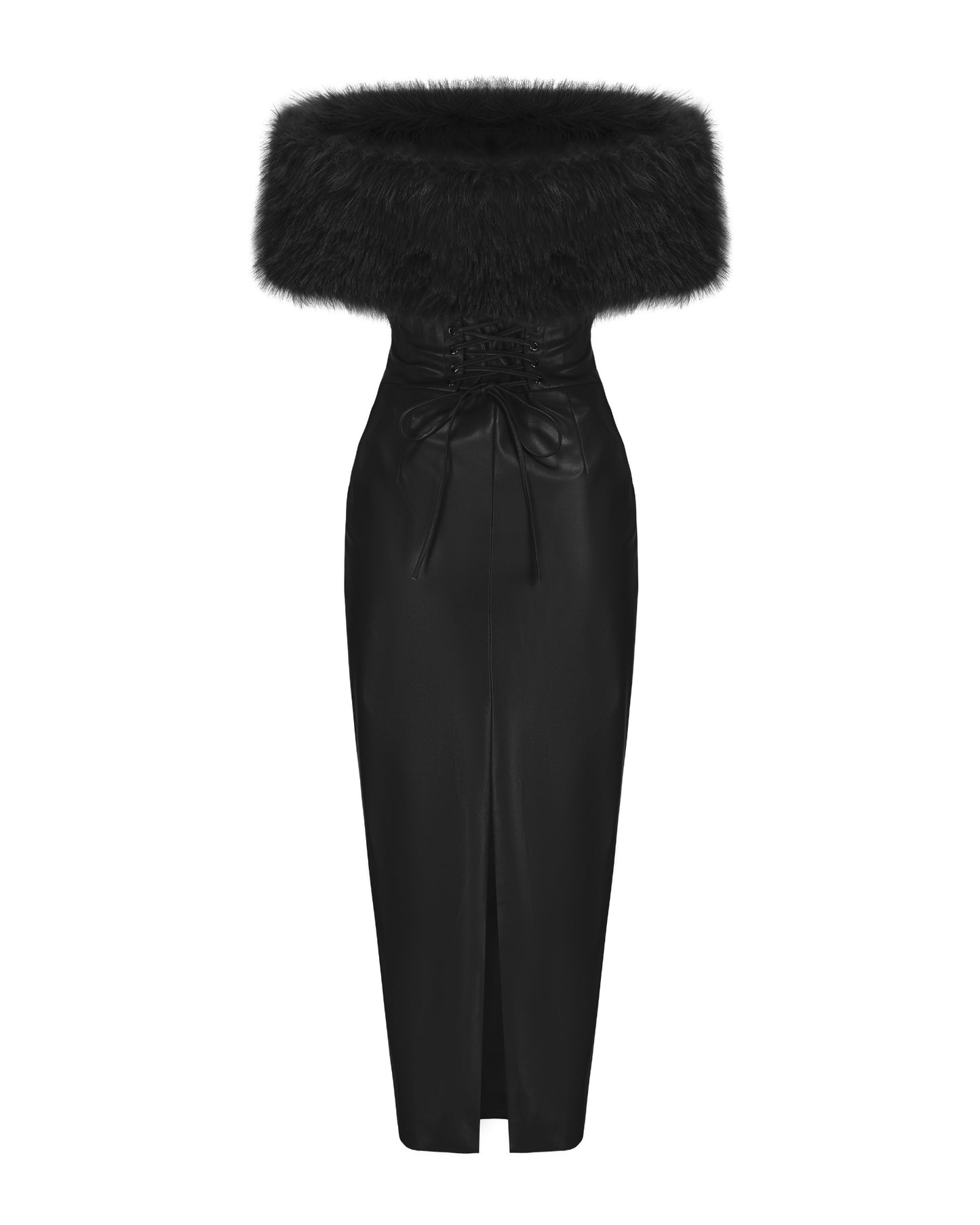 Black strapless maxi dress with fur trim on a white background