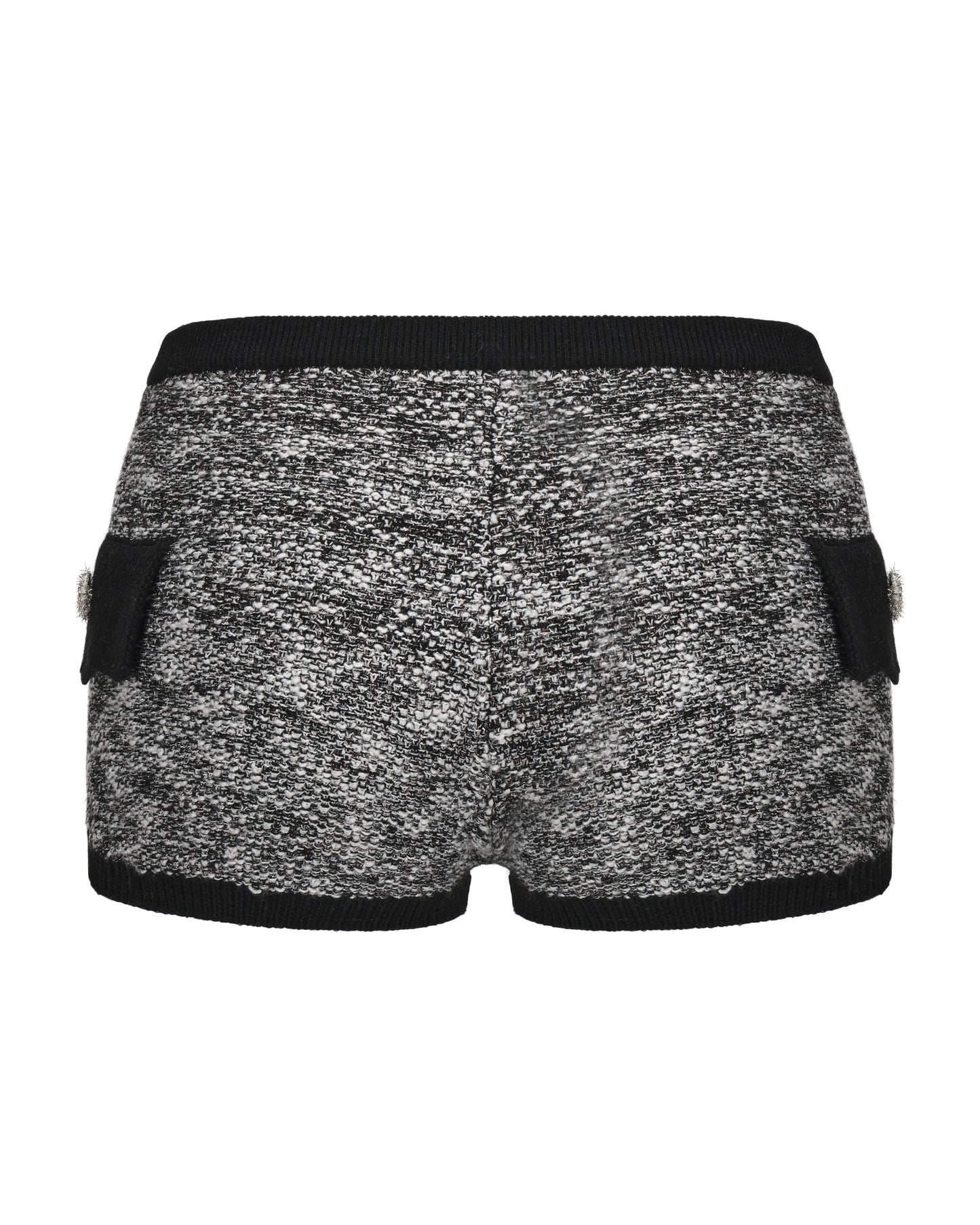 Black and white silver shorts with a textured pattern on a white background