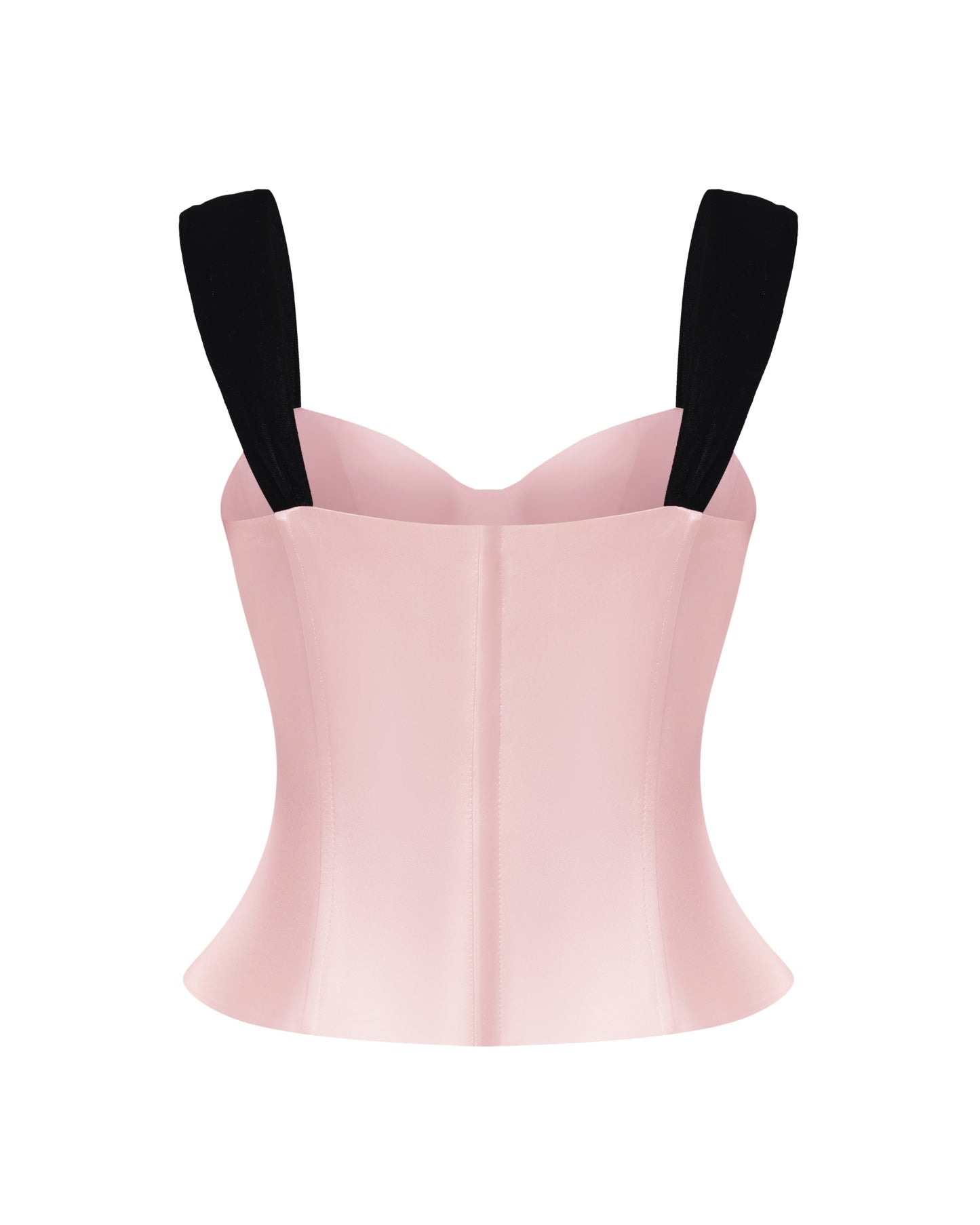 Pink top with black straps on a white background