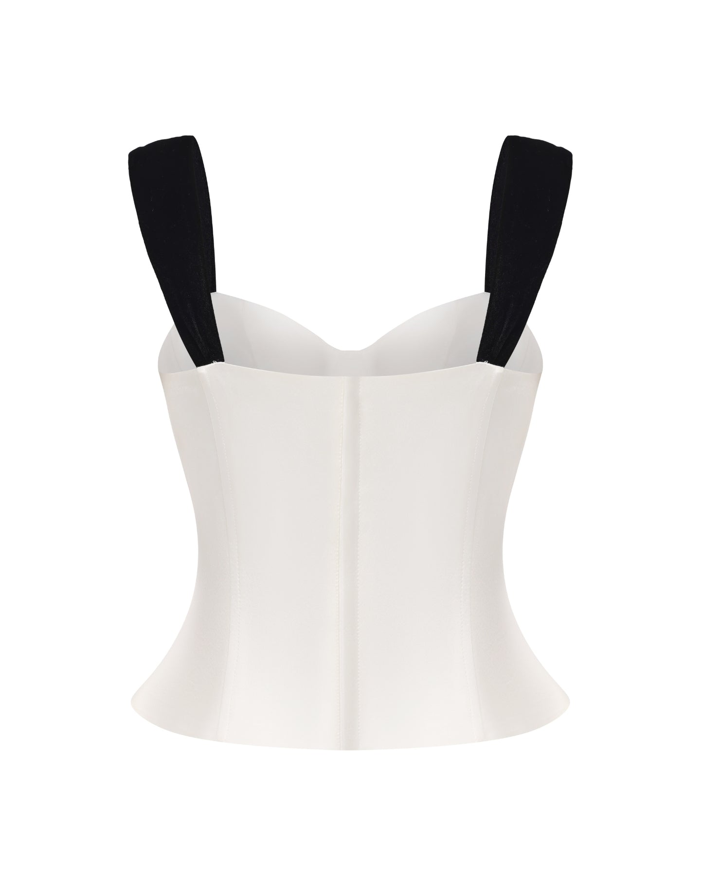 White top with black straps on a white background