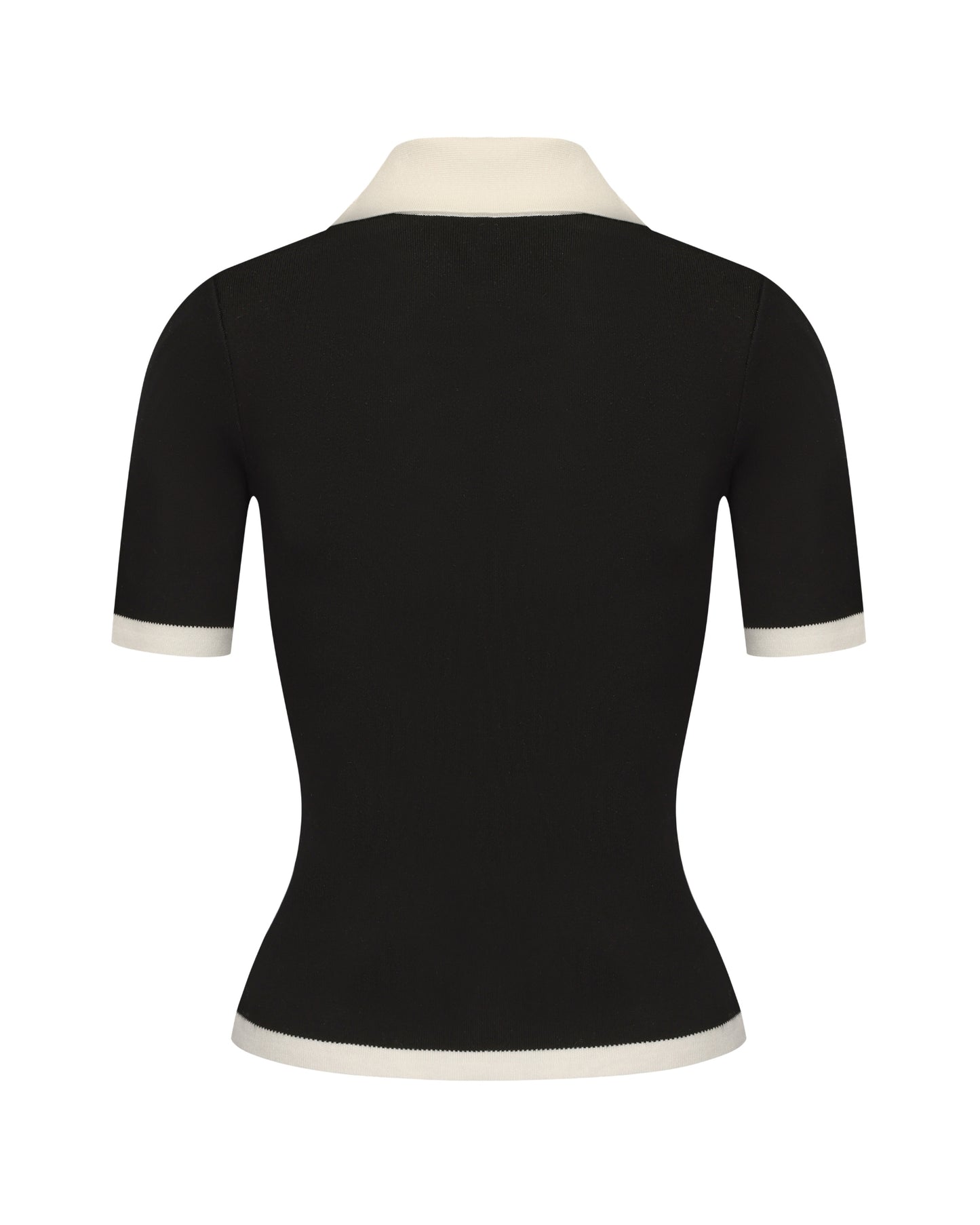 Black polo shirt with white trim on a white background