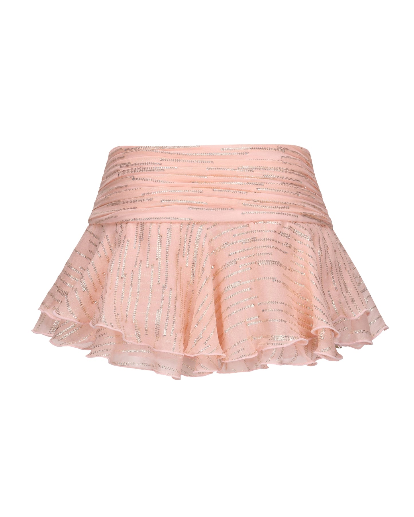 Pink skirt with ruffled layers on a white background