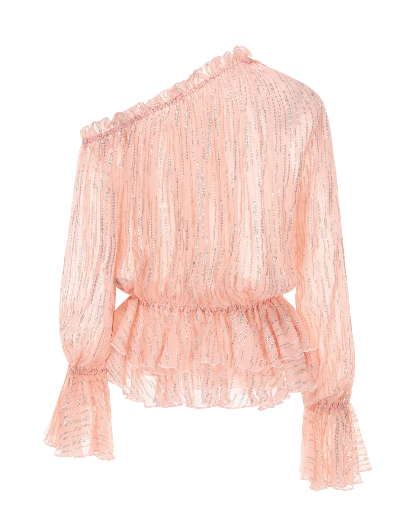Pink ruffled blouse on a white background