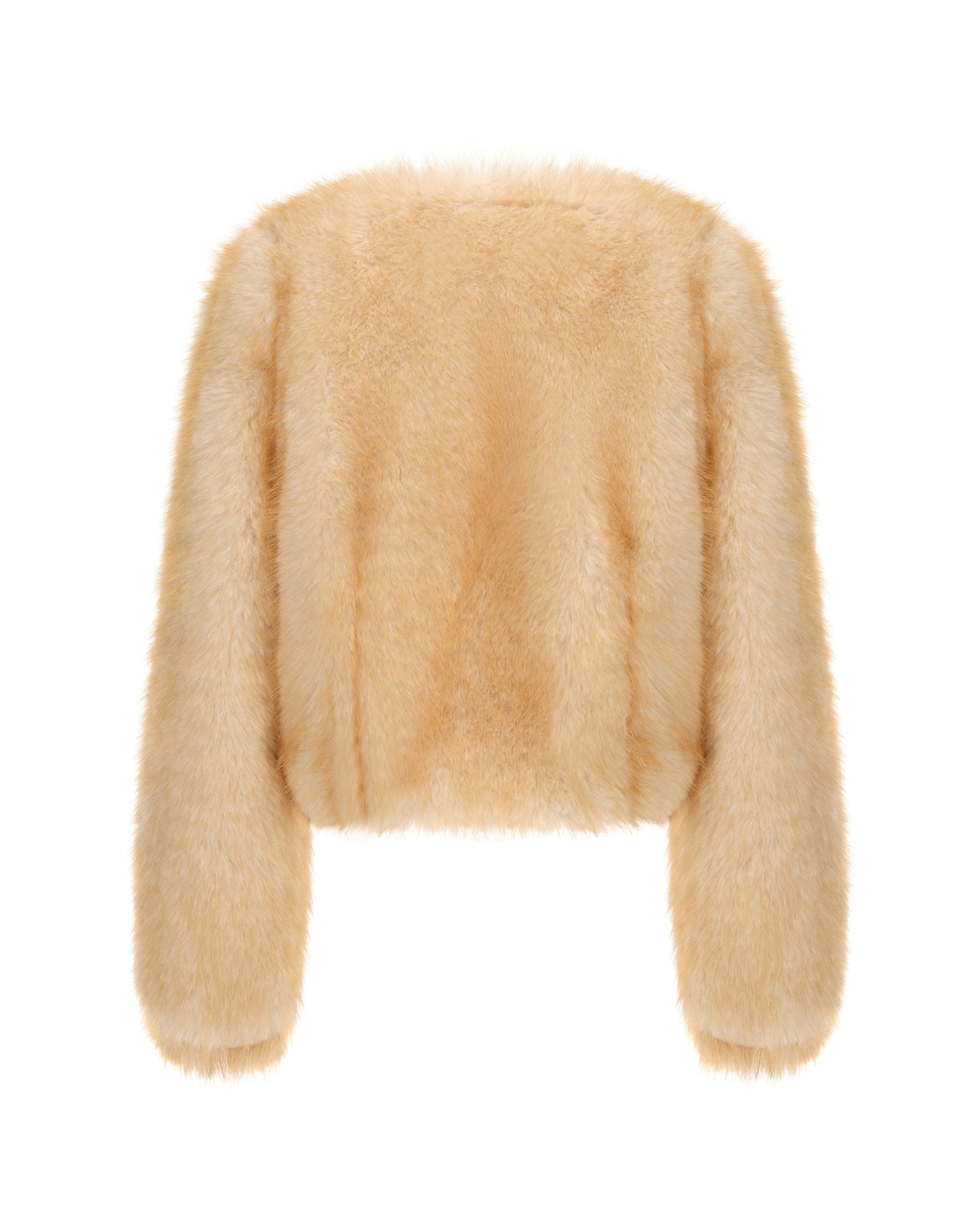 Short yellow faux fur jacket on a white background