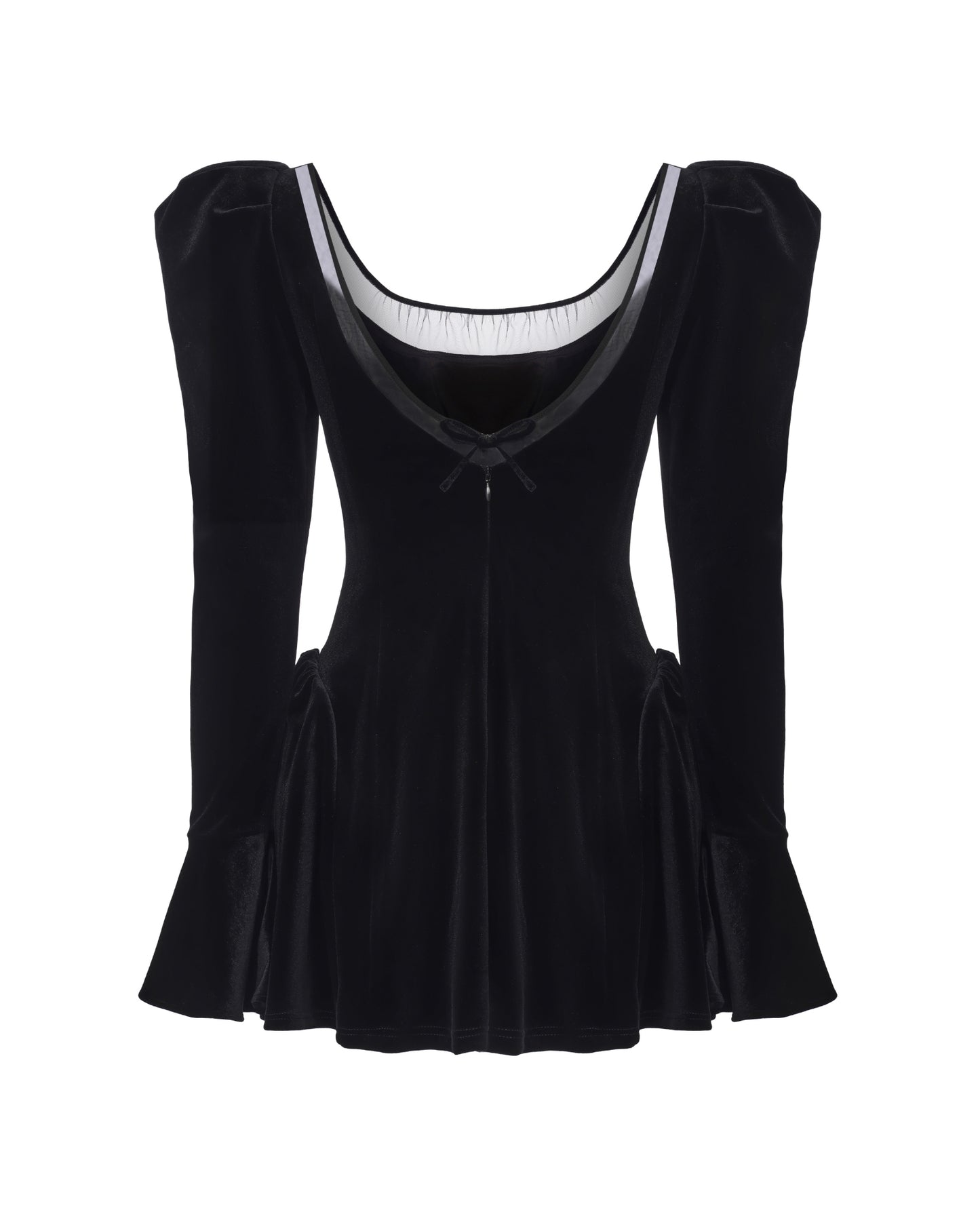 Black mesh and velvet long-sleeved mini dress on a white background