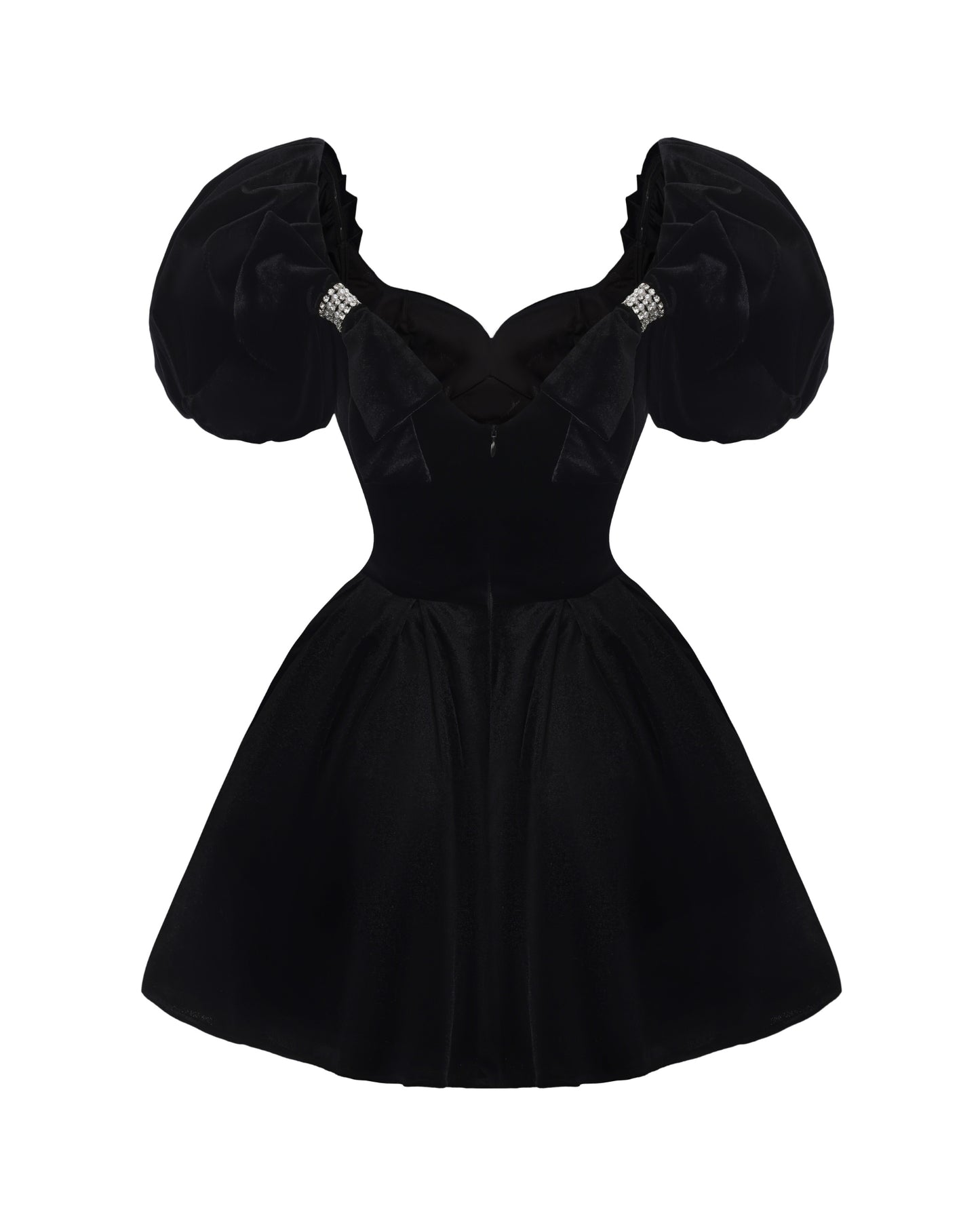 Black velvet mini dress with puffed sleeves on a white background