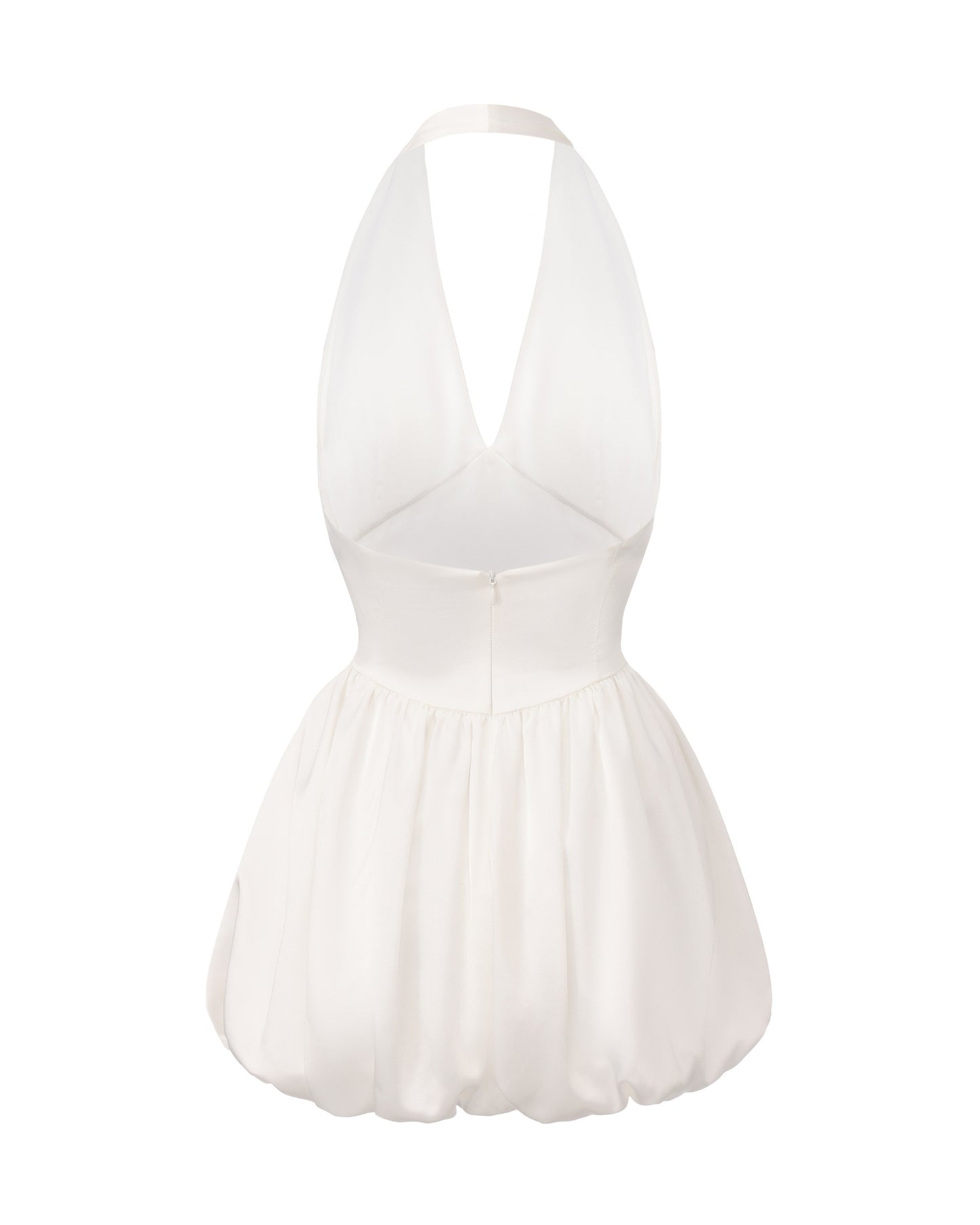 White satin halter mini dress on a white background