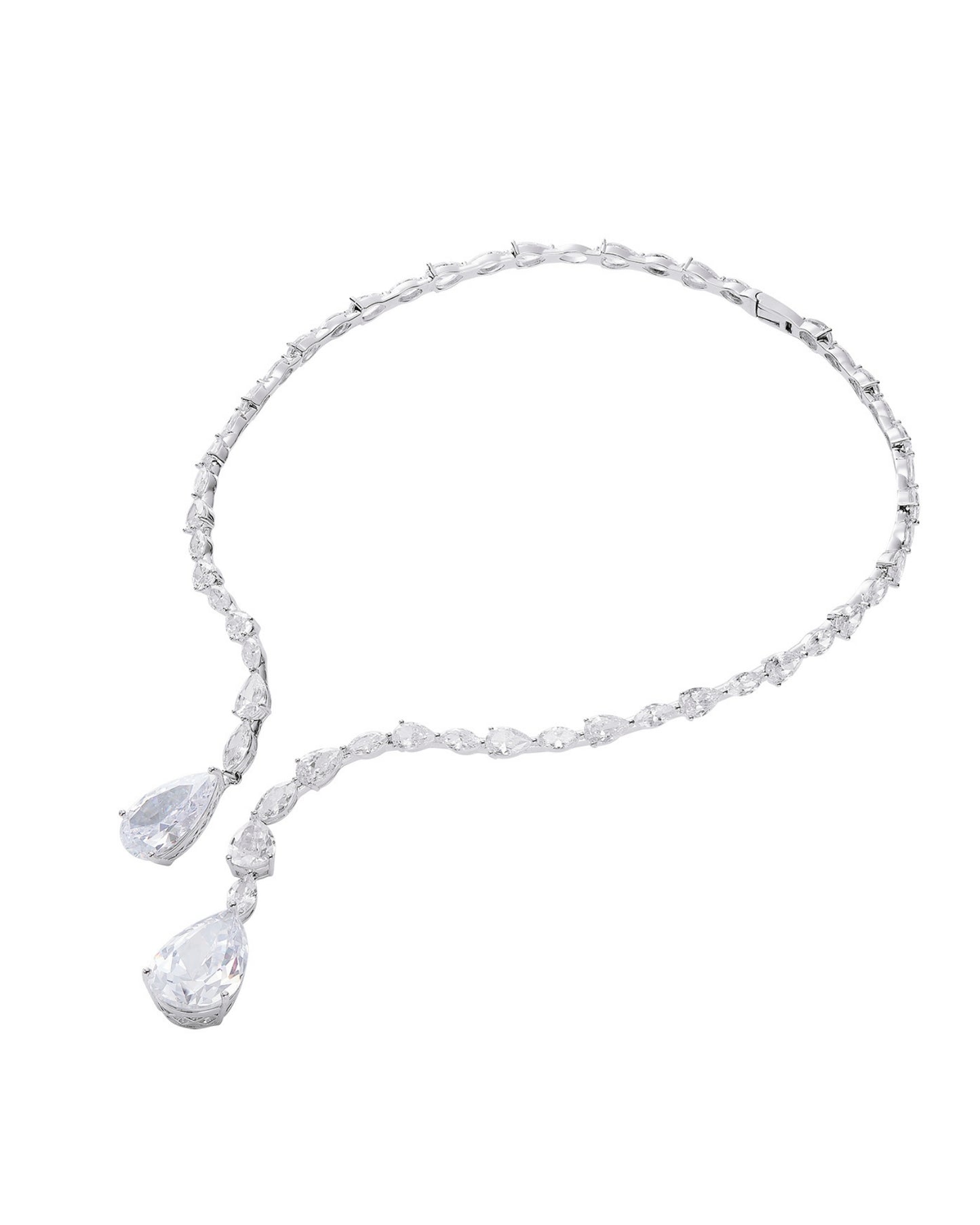 Silver necklace with teardrop-shaped pendants on a white background
