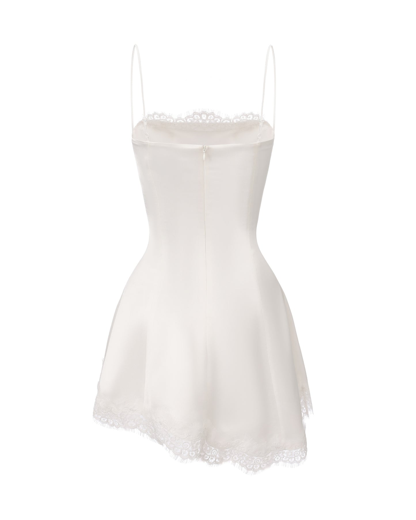 White silk mini dress accented with lace trim, shown on a white background.