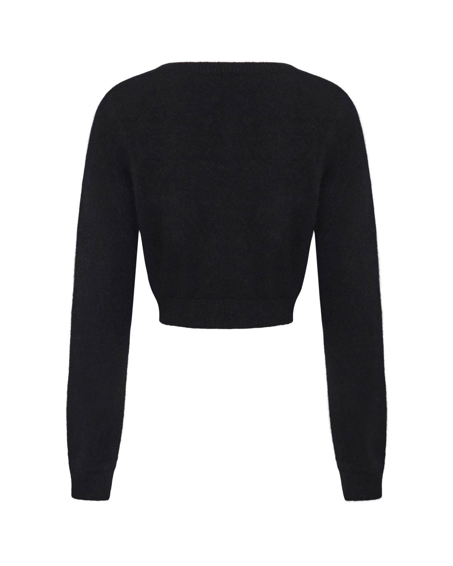 Retro-style black knit cardigan on white background