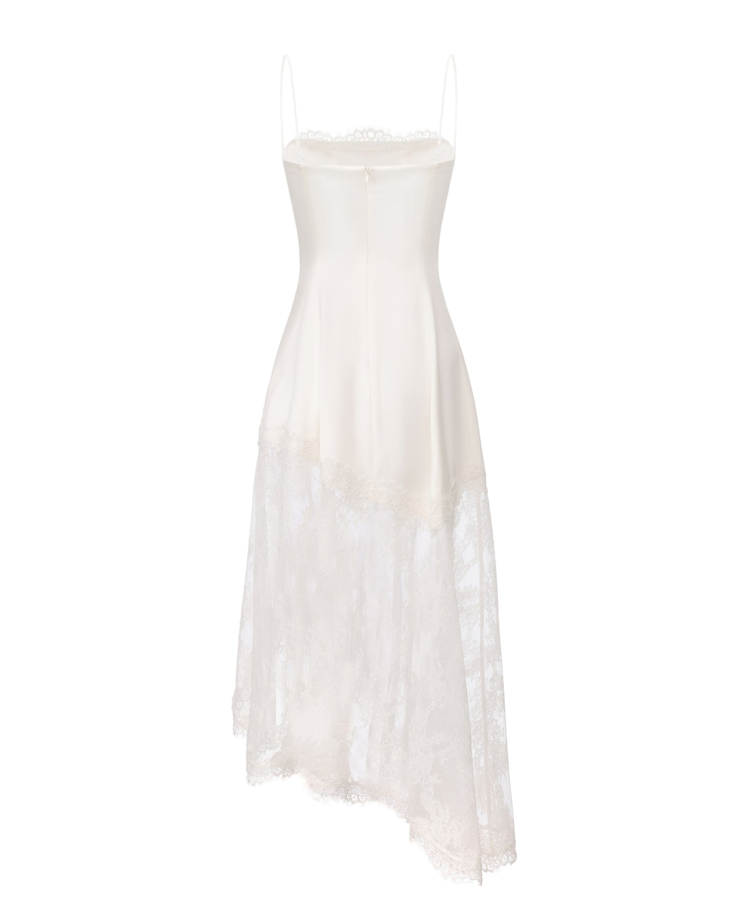 Spaghetti strap satin maxi dress with lace trim on a white background