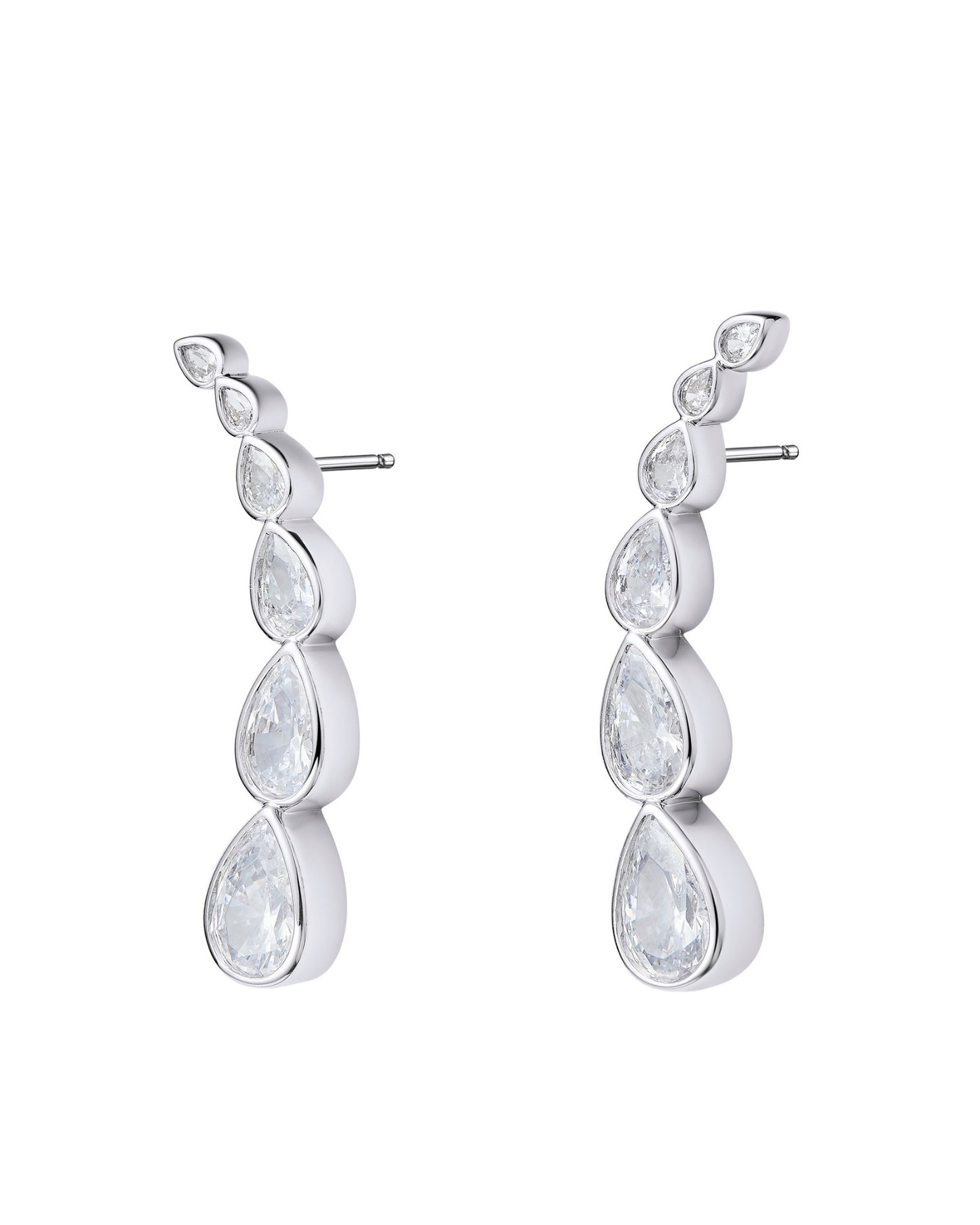 Pair of silver earrings with clear gemstones on a white background