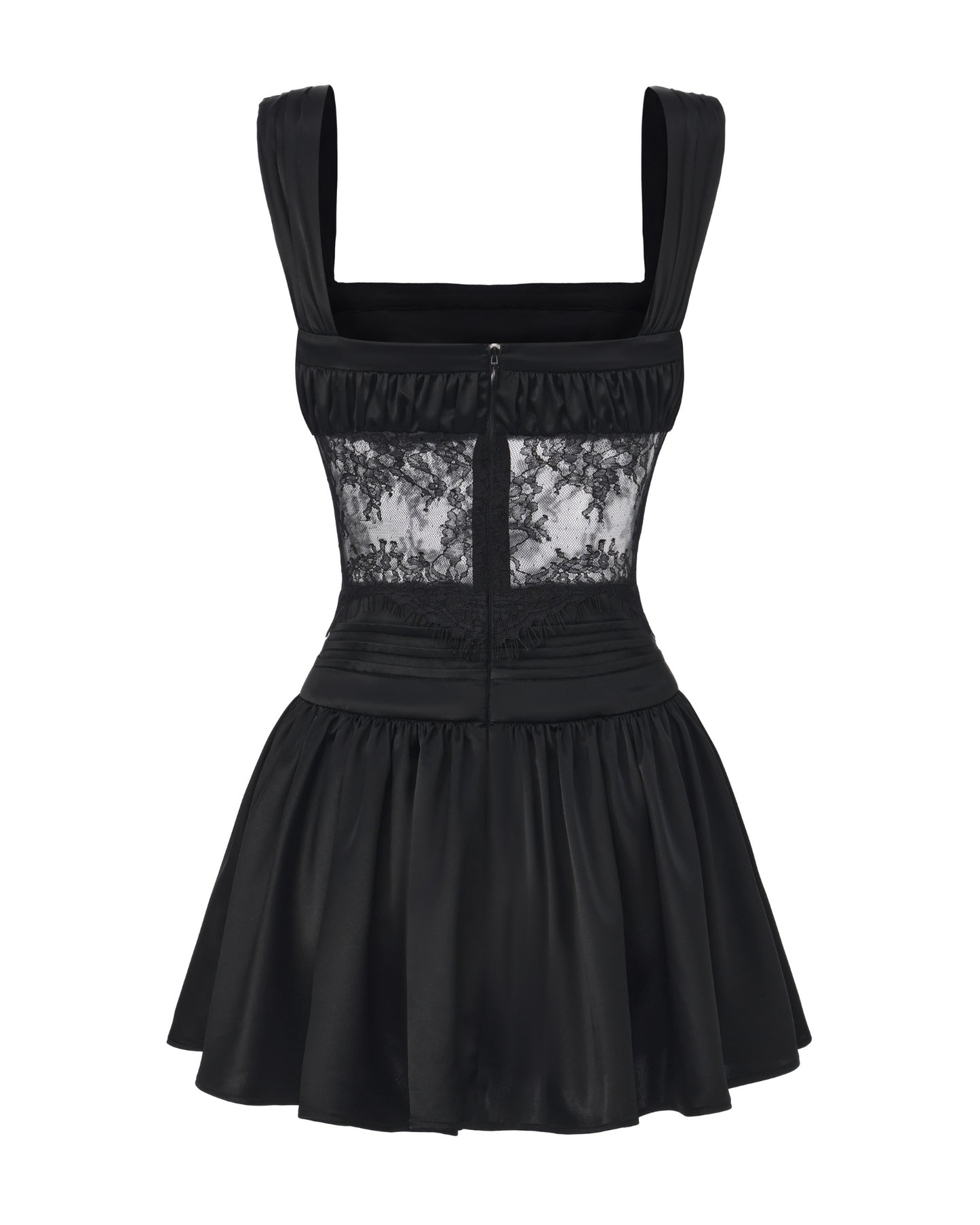 Black lace dress with silk material on a white background
