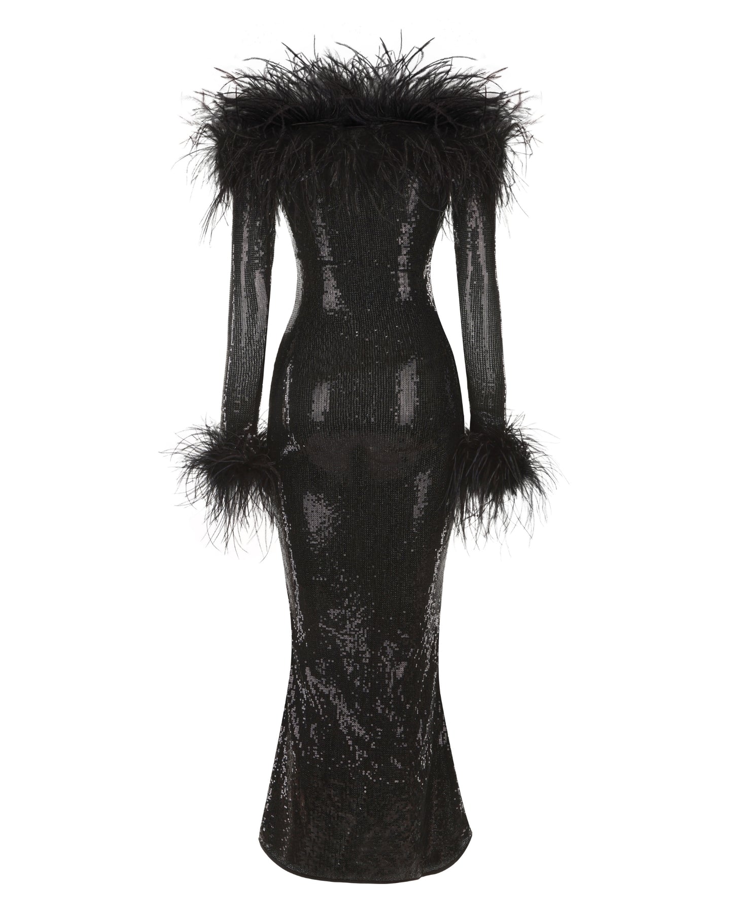 Black sequin maxi dress with feathered shoulders on a white background