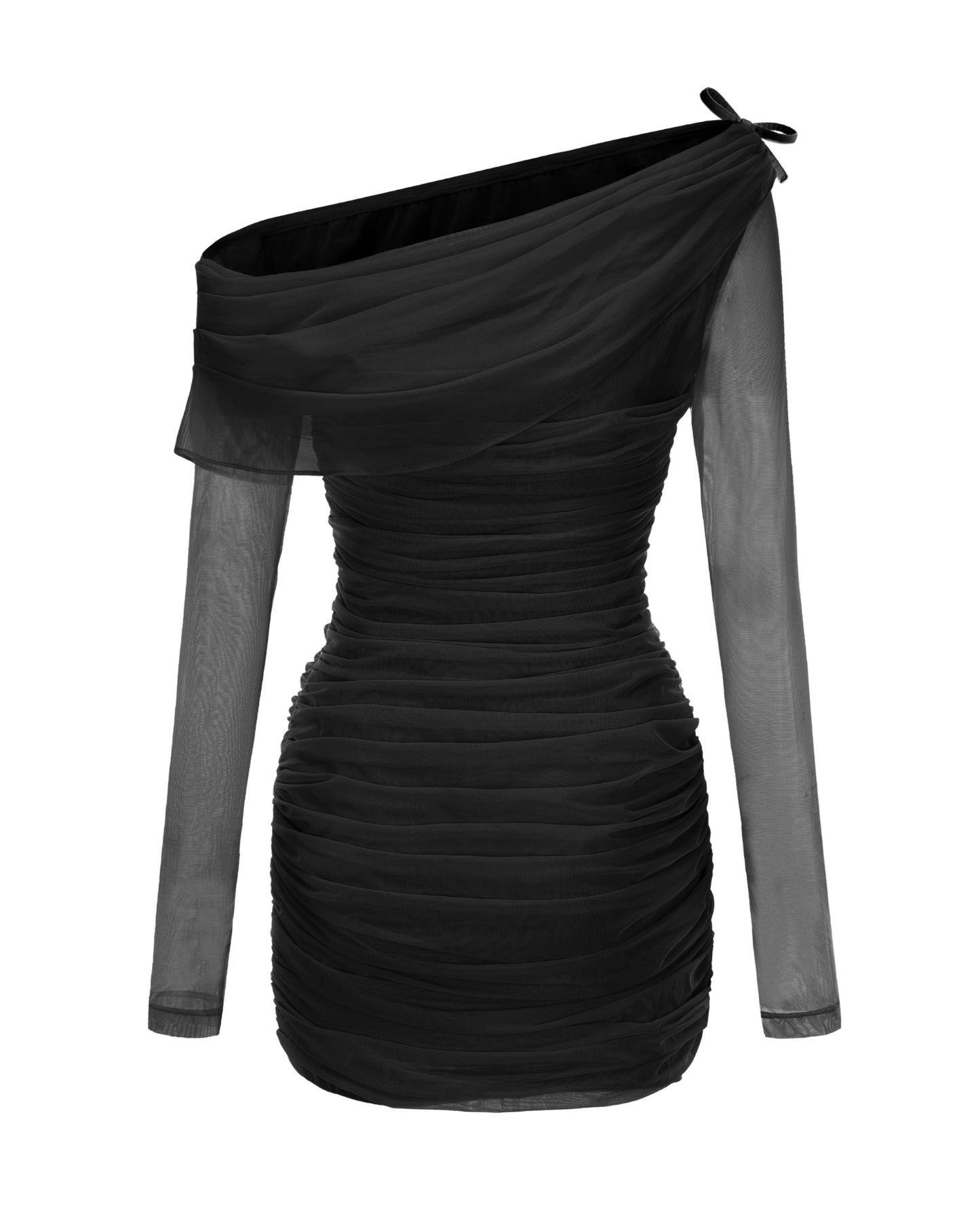Black one-shoulder dress with sheer long sleeves on a white background
