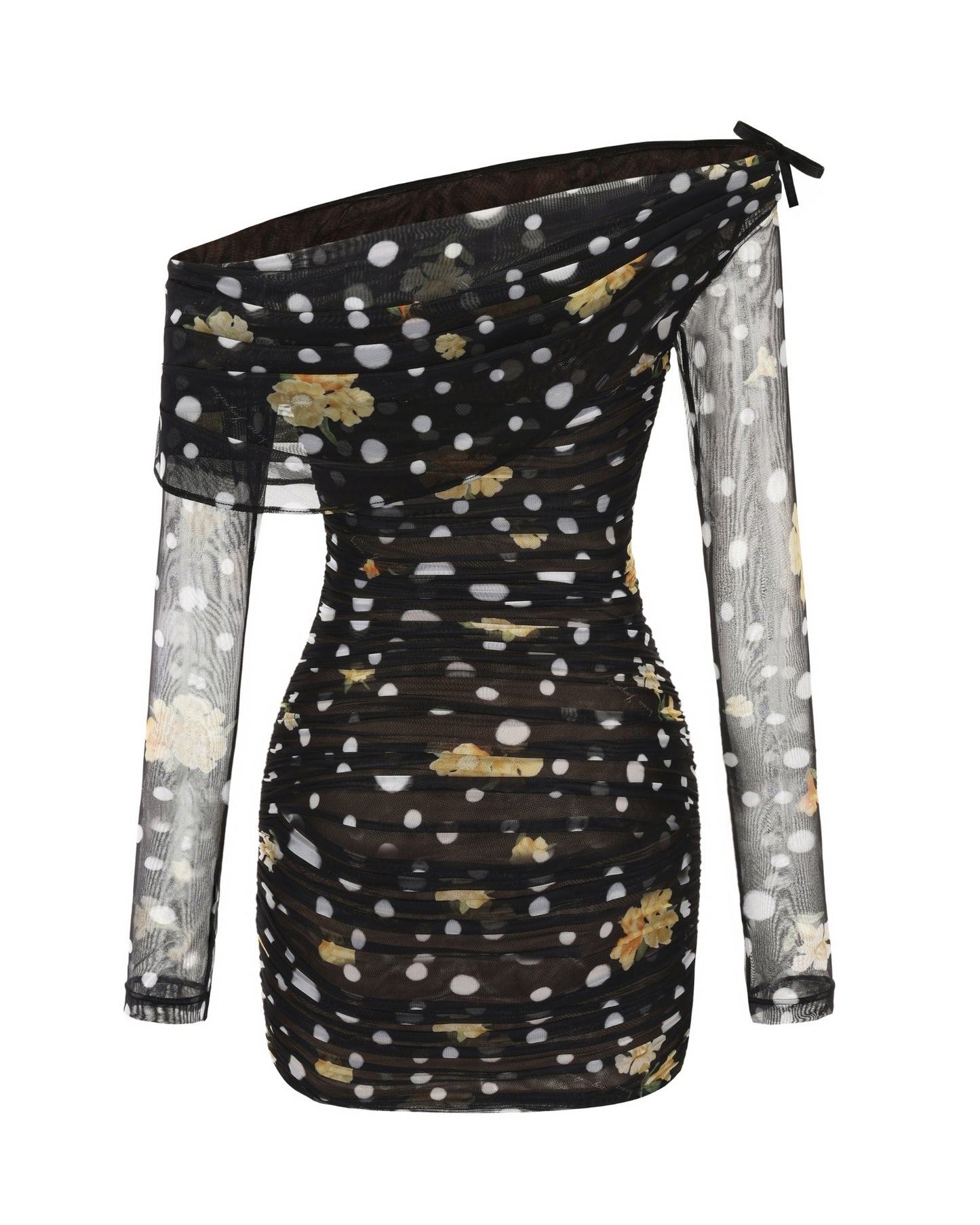 Black dress with floral pattern and sheer sleeves on a white background