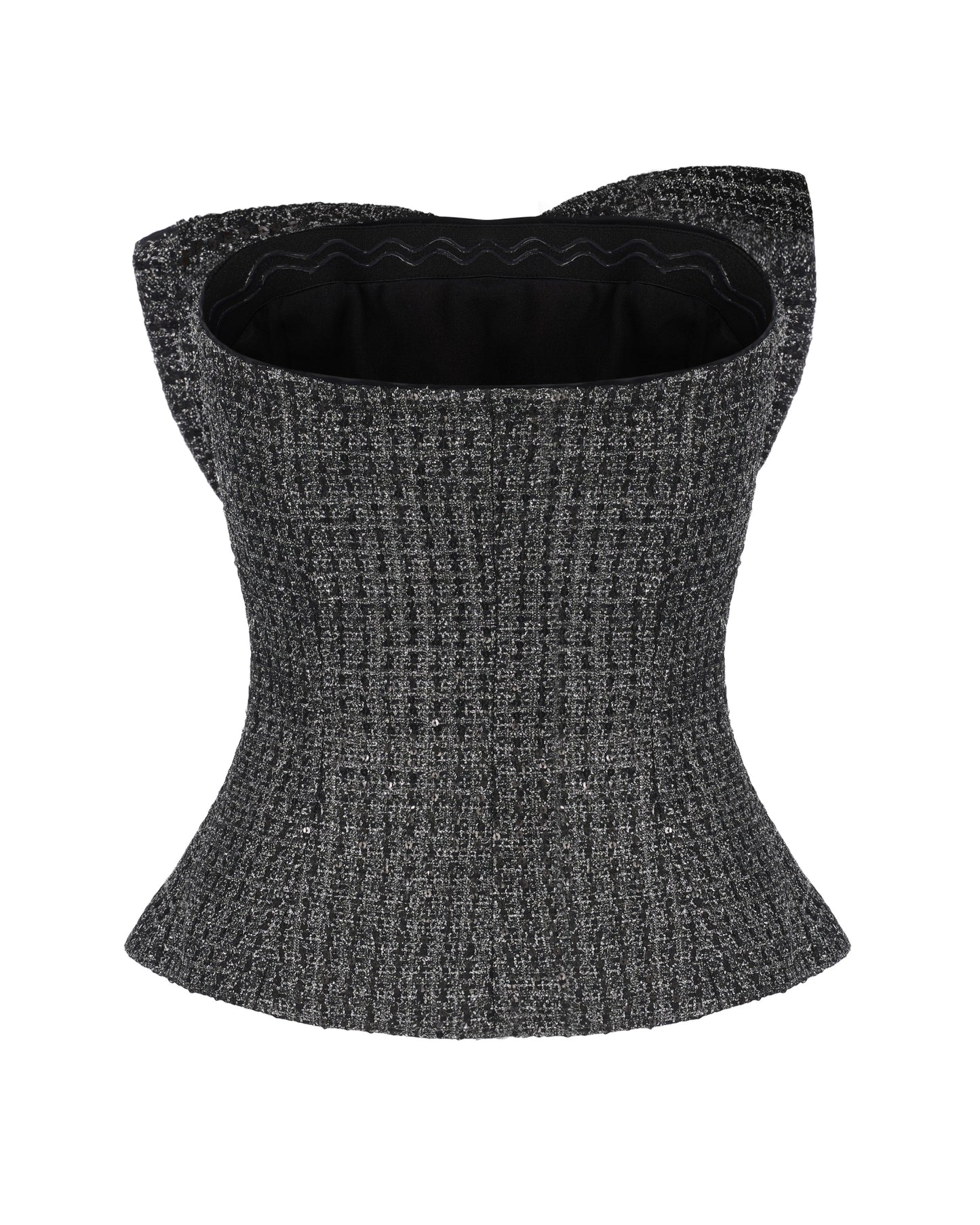 Black and silver textured sleeveless top on a white background