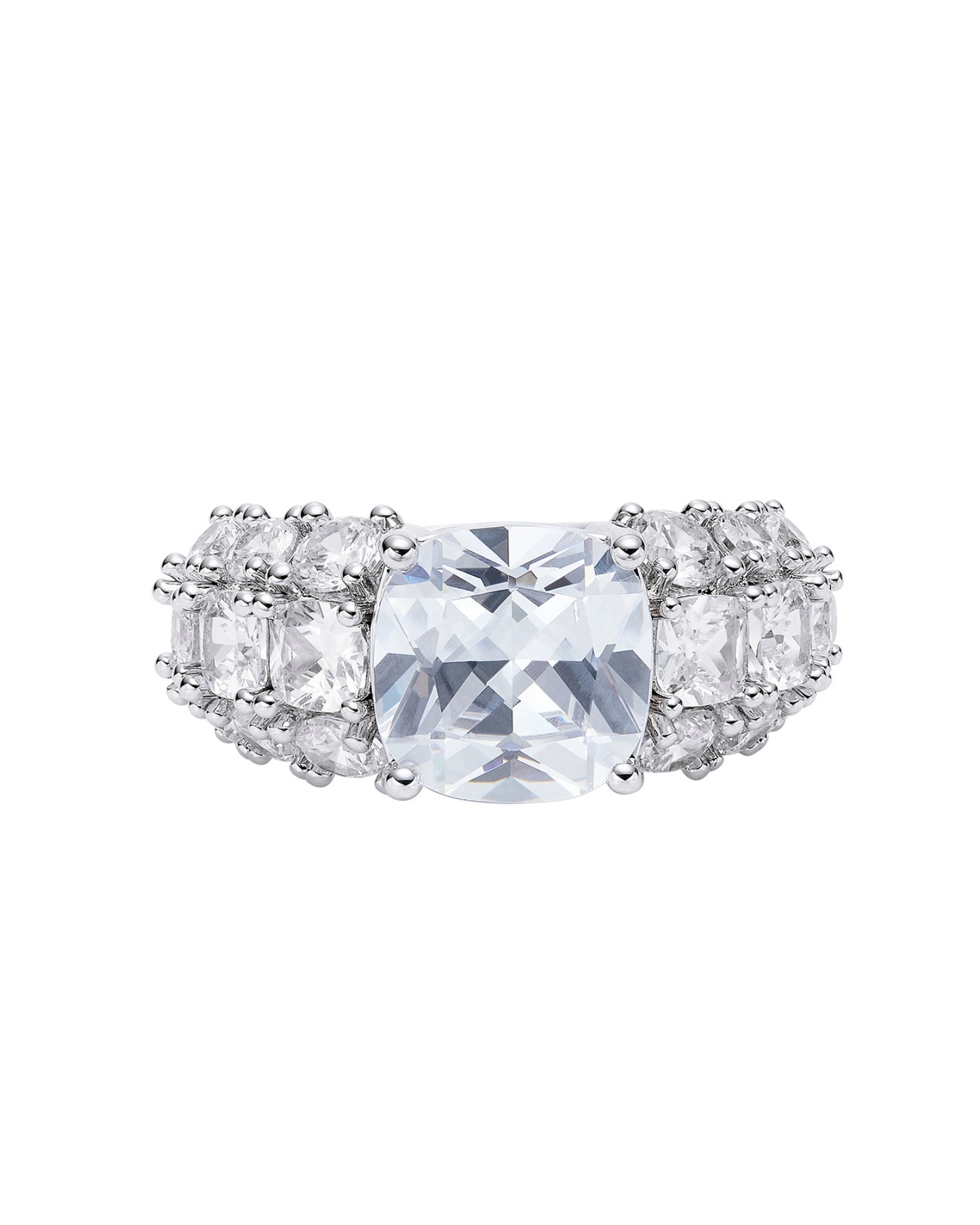 Diamond ring with a central cushion-cut diamond and smaller gemstones on a white background