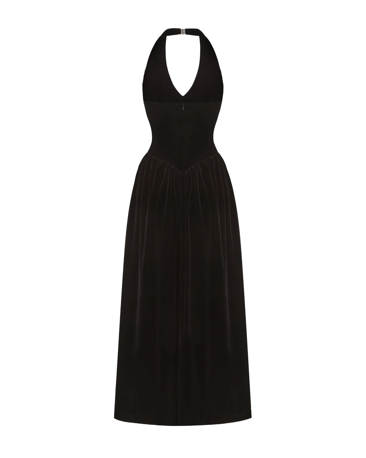 Black velvet halter neck maxi dress on a white background