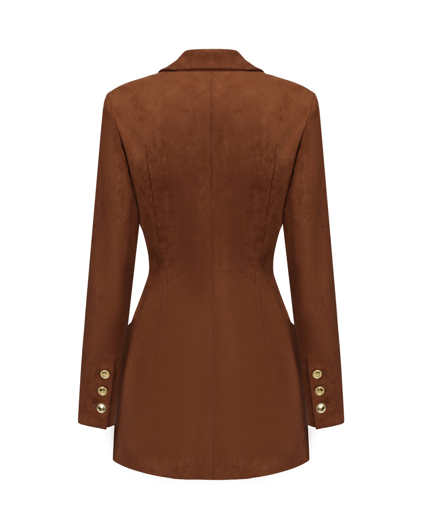 Brown suede jacket with gold buttons on a white background