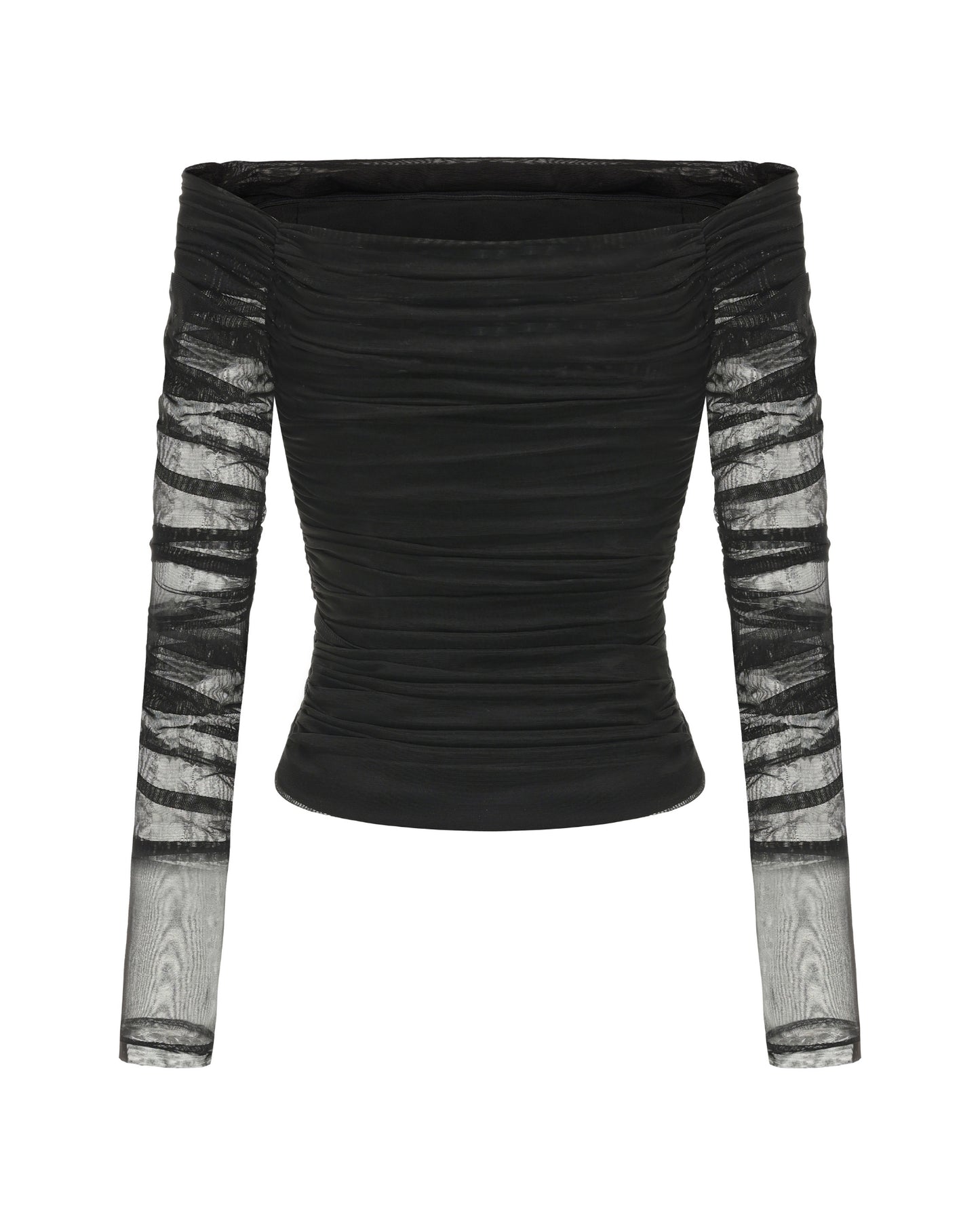 Black top with sheer sleeves on a white background