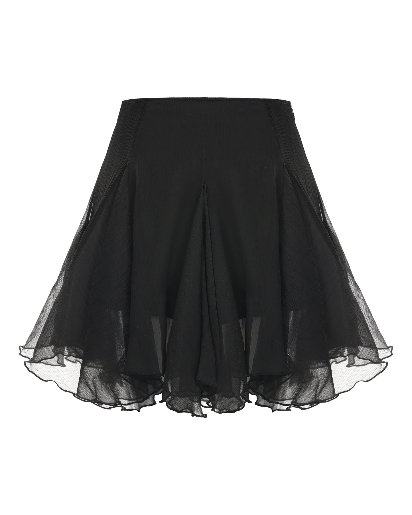 Black skirt with sheer overlay on a white background