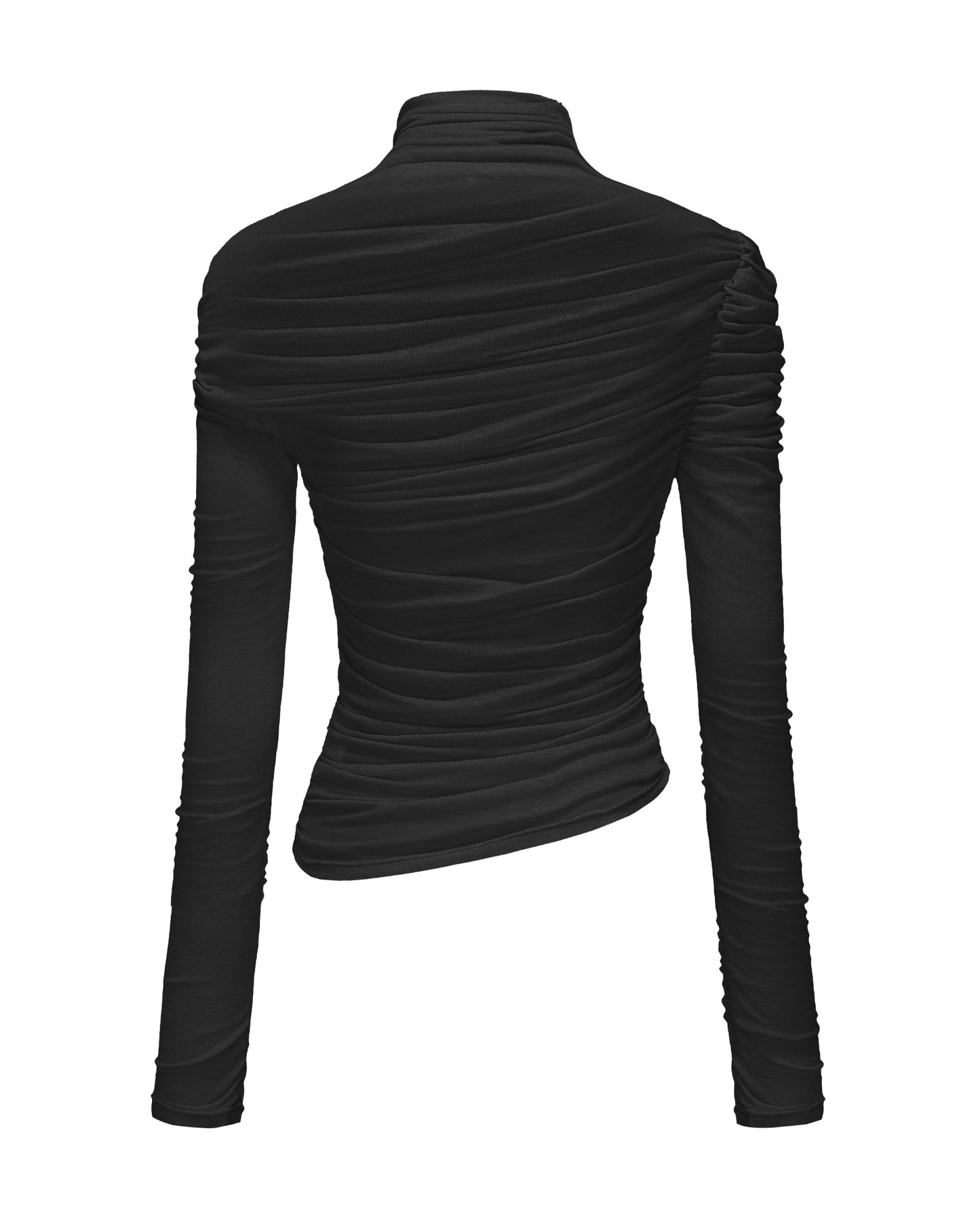 Black long-sleeve top with pleated design on a white background