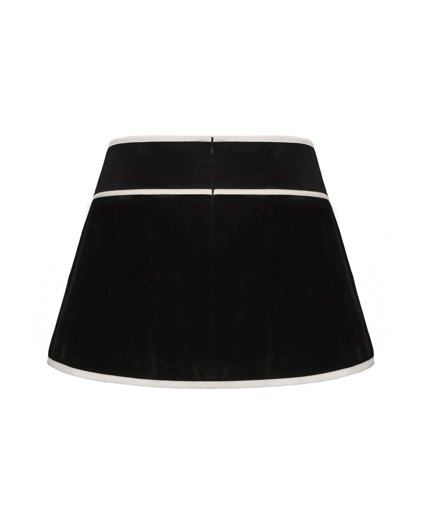 Black velvet skirt with white trim on a white background