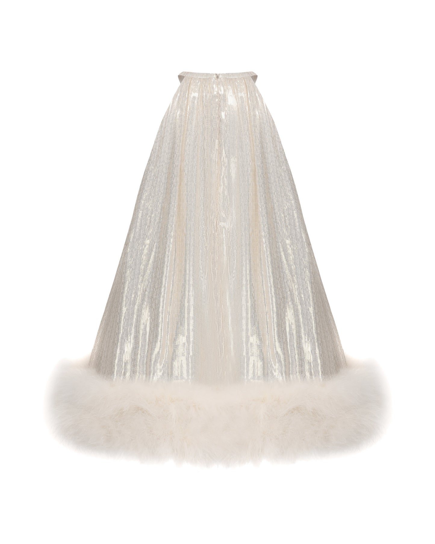 White shimmery mini dress with faux fur on a white background