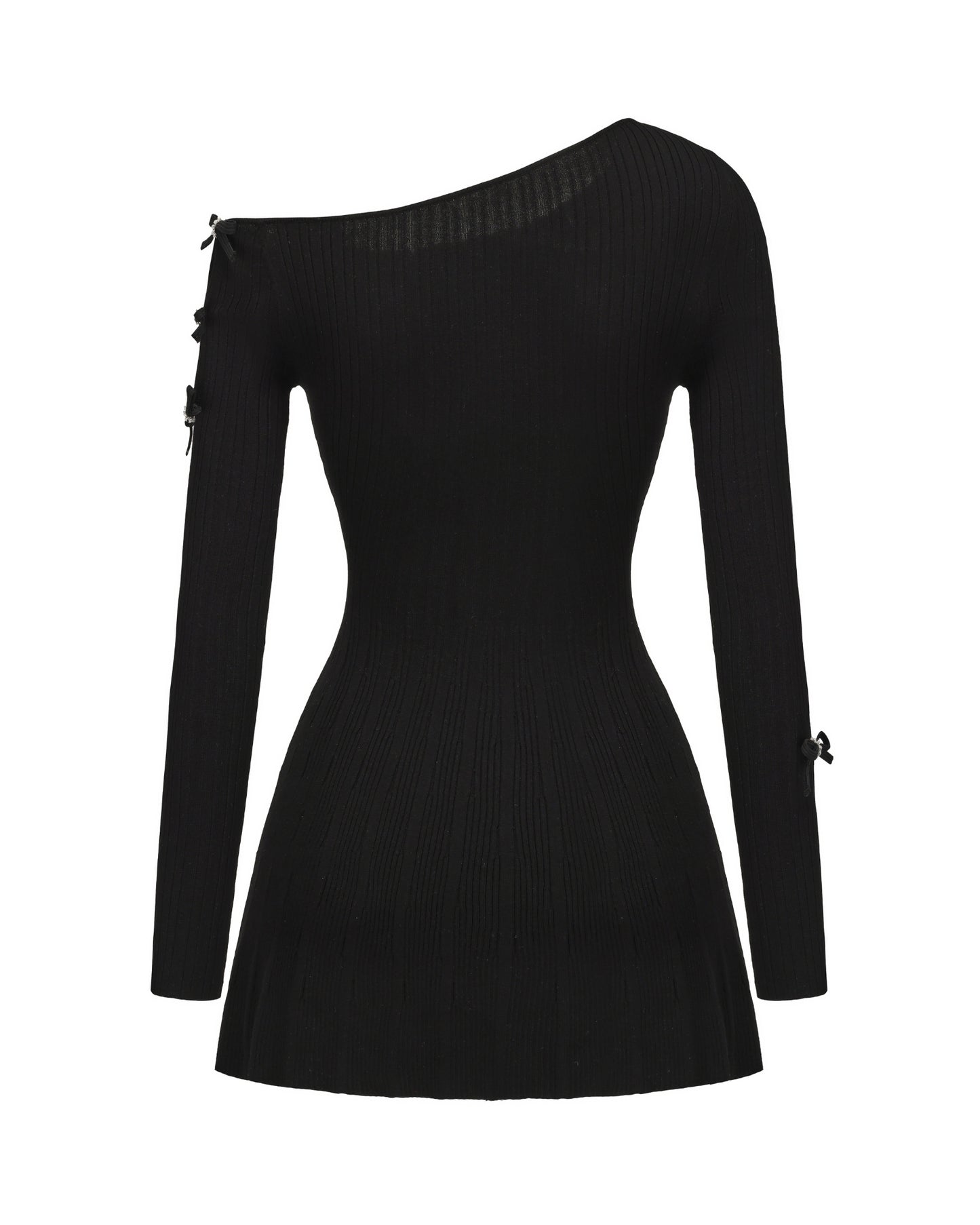 Black one-shoulder dress with long sleeves on a white background