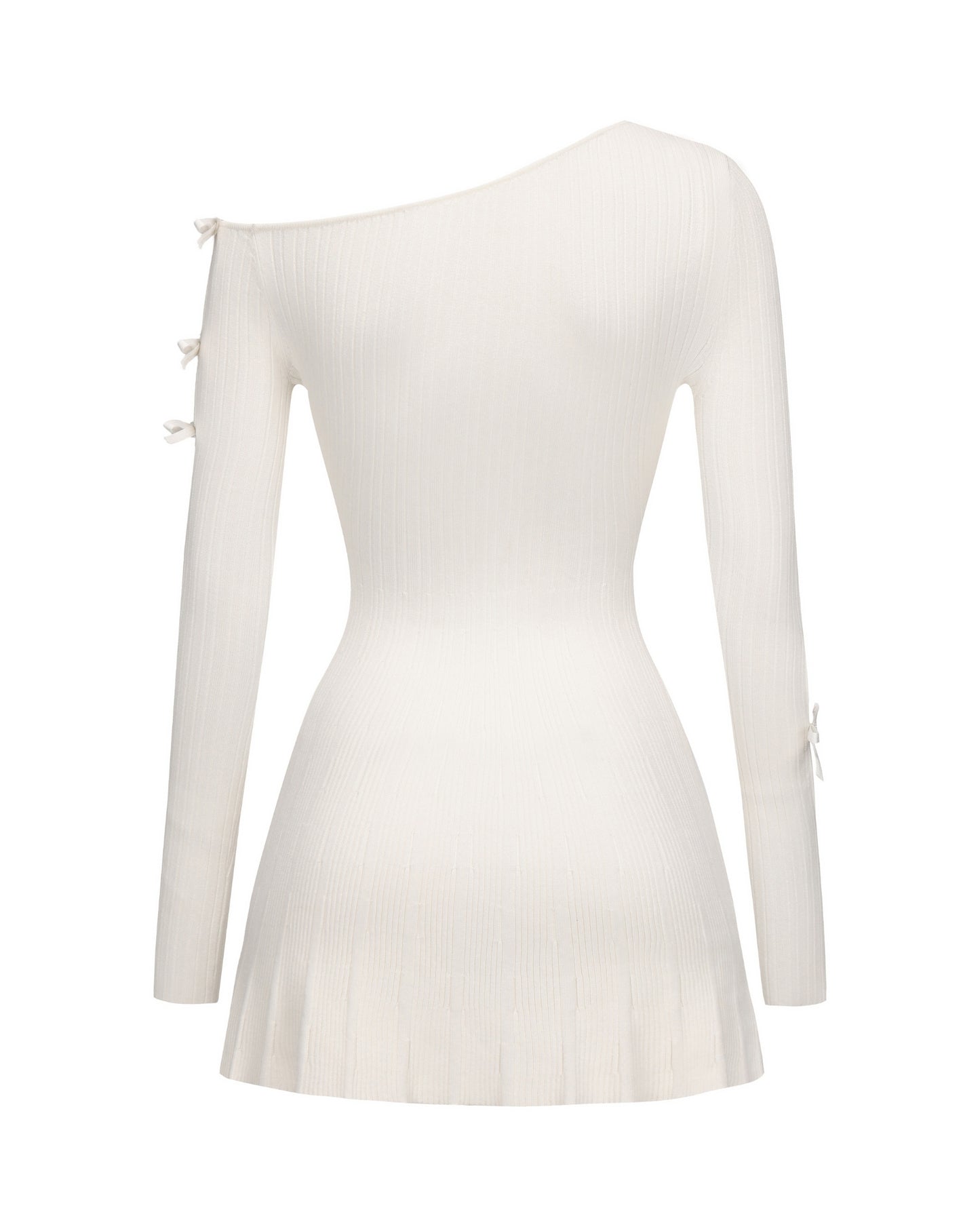 White long-sleeve dress with a unique shoulder design on a white background