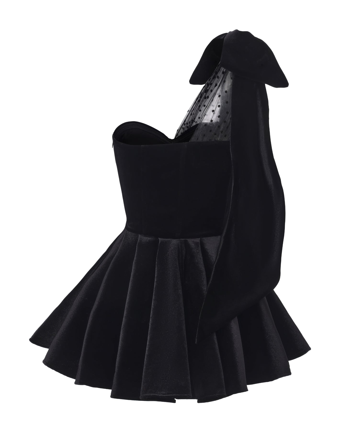 Black velvet mini dress with bow design on a white background