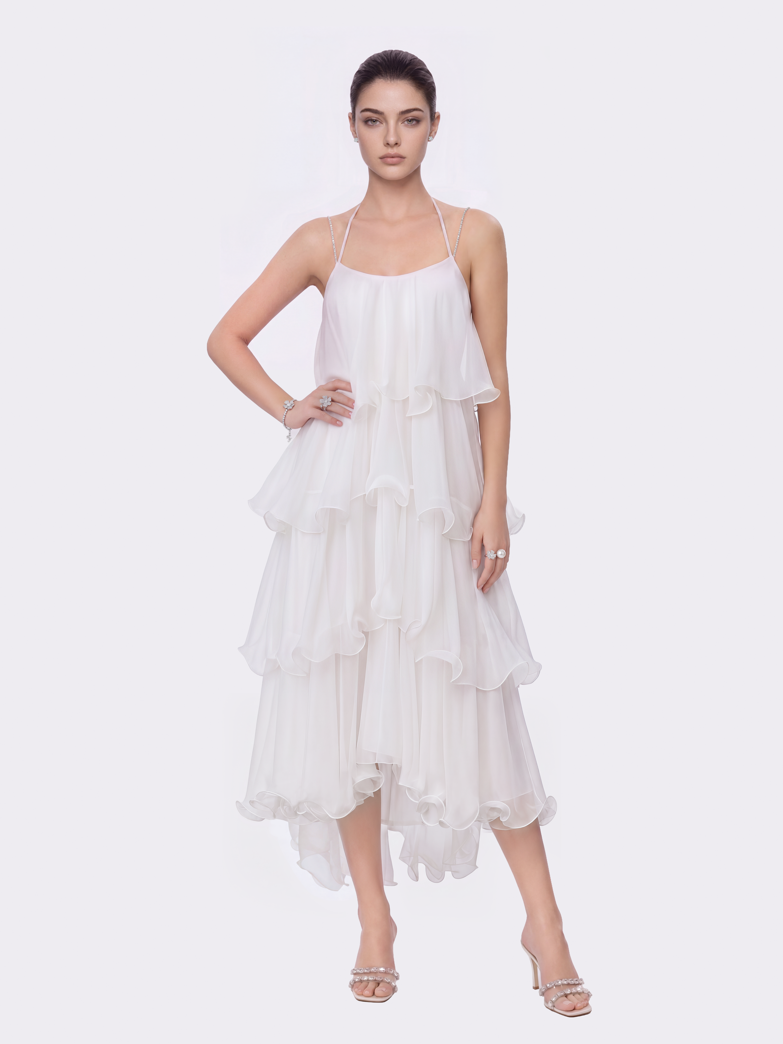 Florence Tiered Chiffon White Dress | Nana Jacqueline