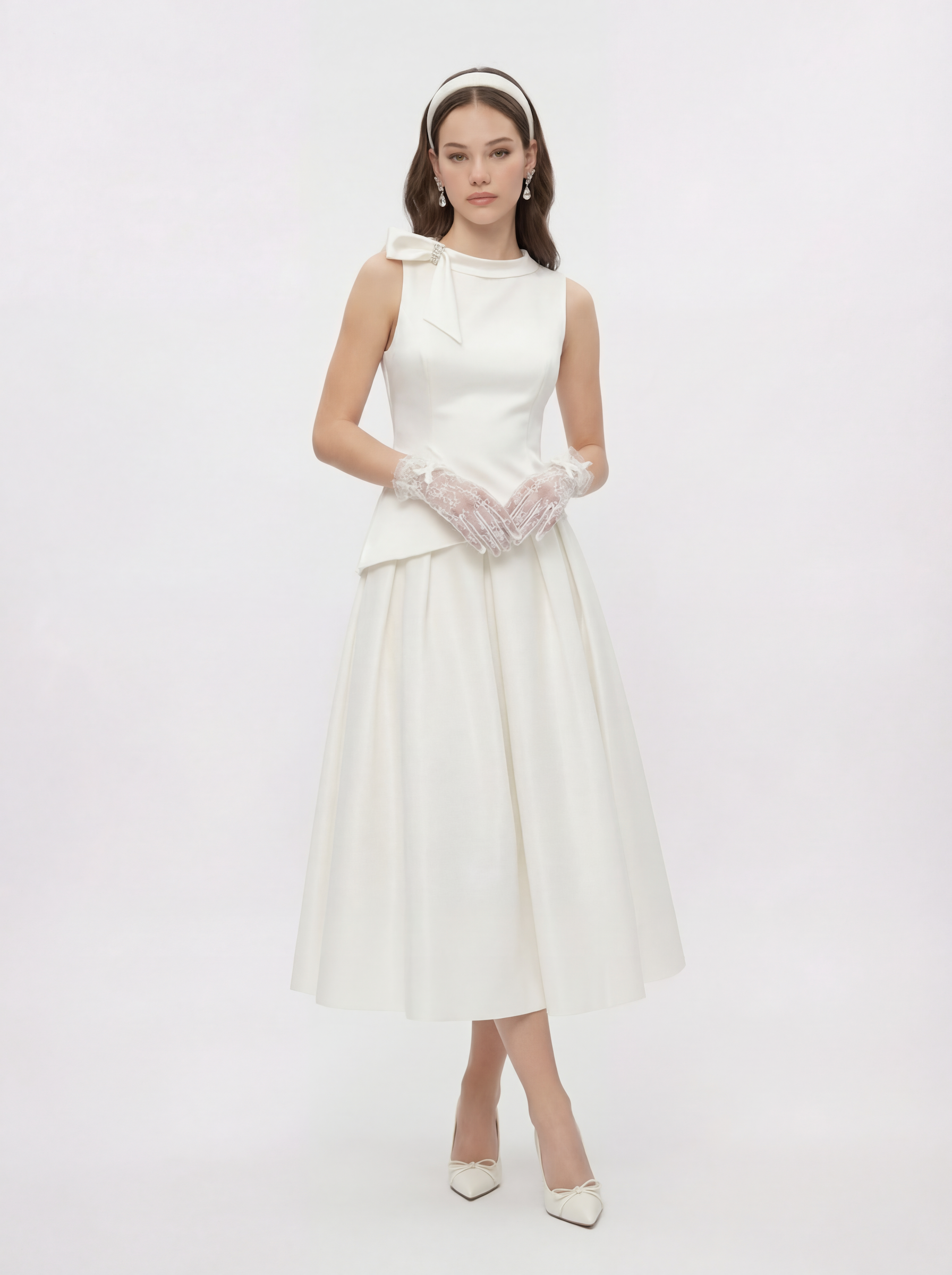 White Satin Asymmetrical Top with Crystal Bow | Nana Jacqueline